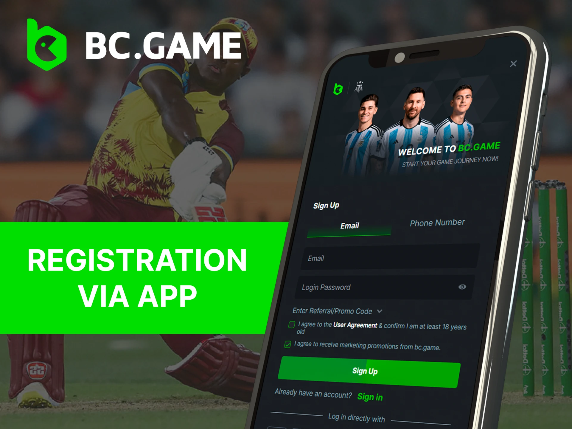 Smartphone displaying BC.Game app with a registration button