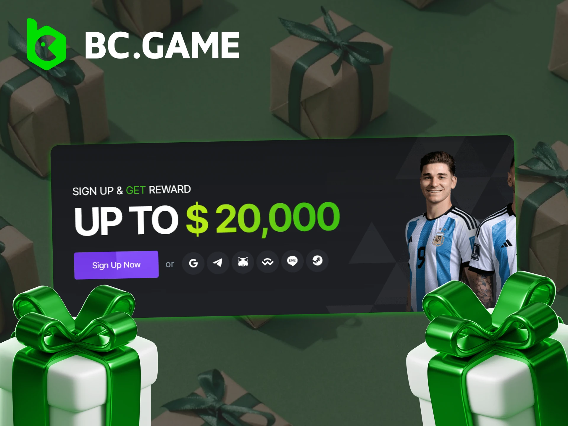 Illustration of a man holding a gift box with BC.Game registration bonus information