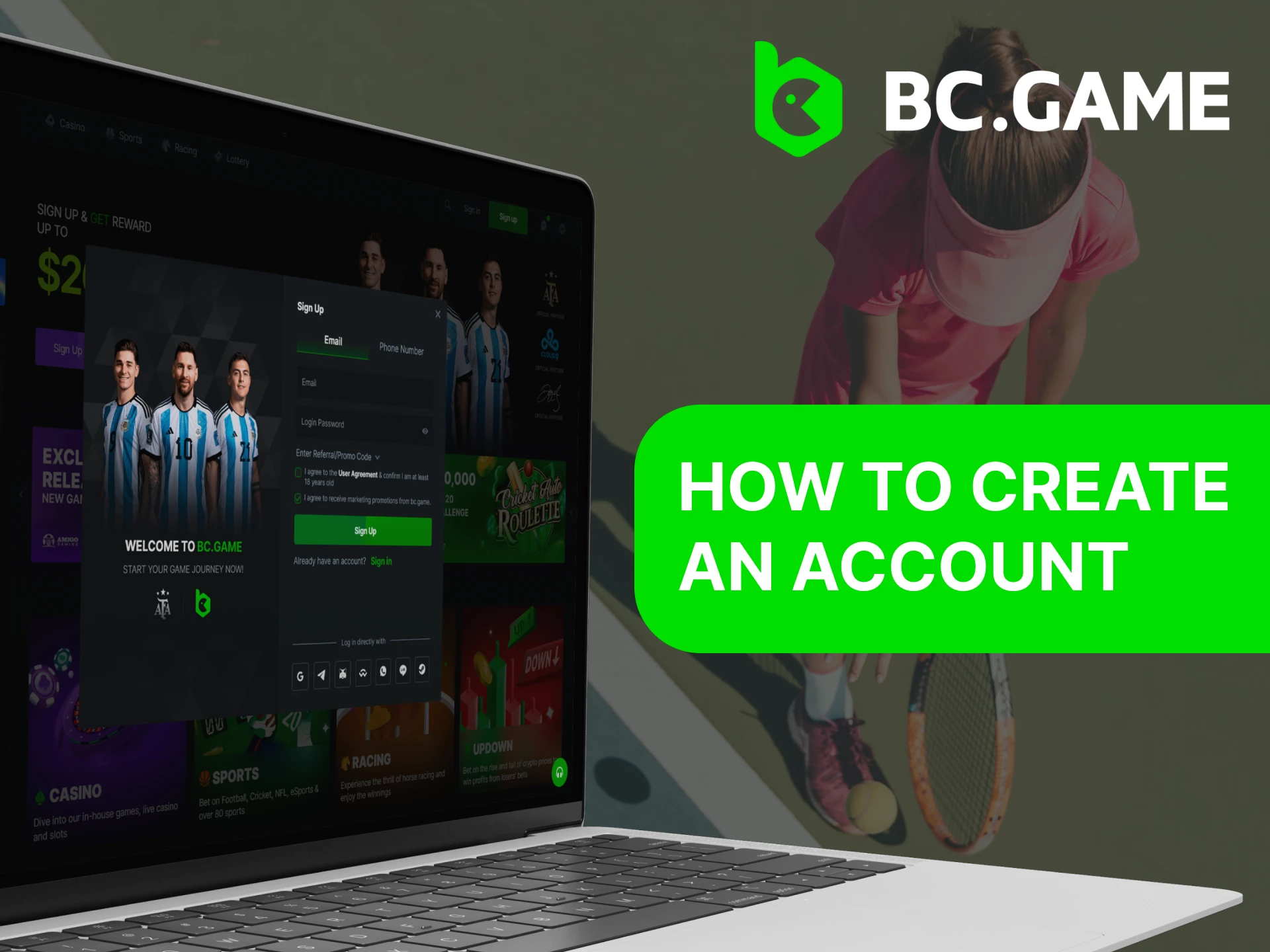 Laptop displaying BC.Game registration page with instructions on how to create an account