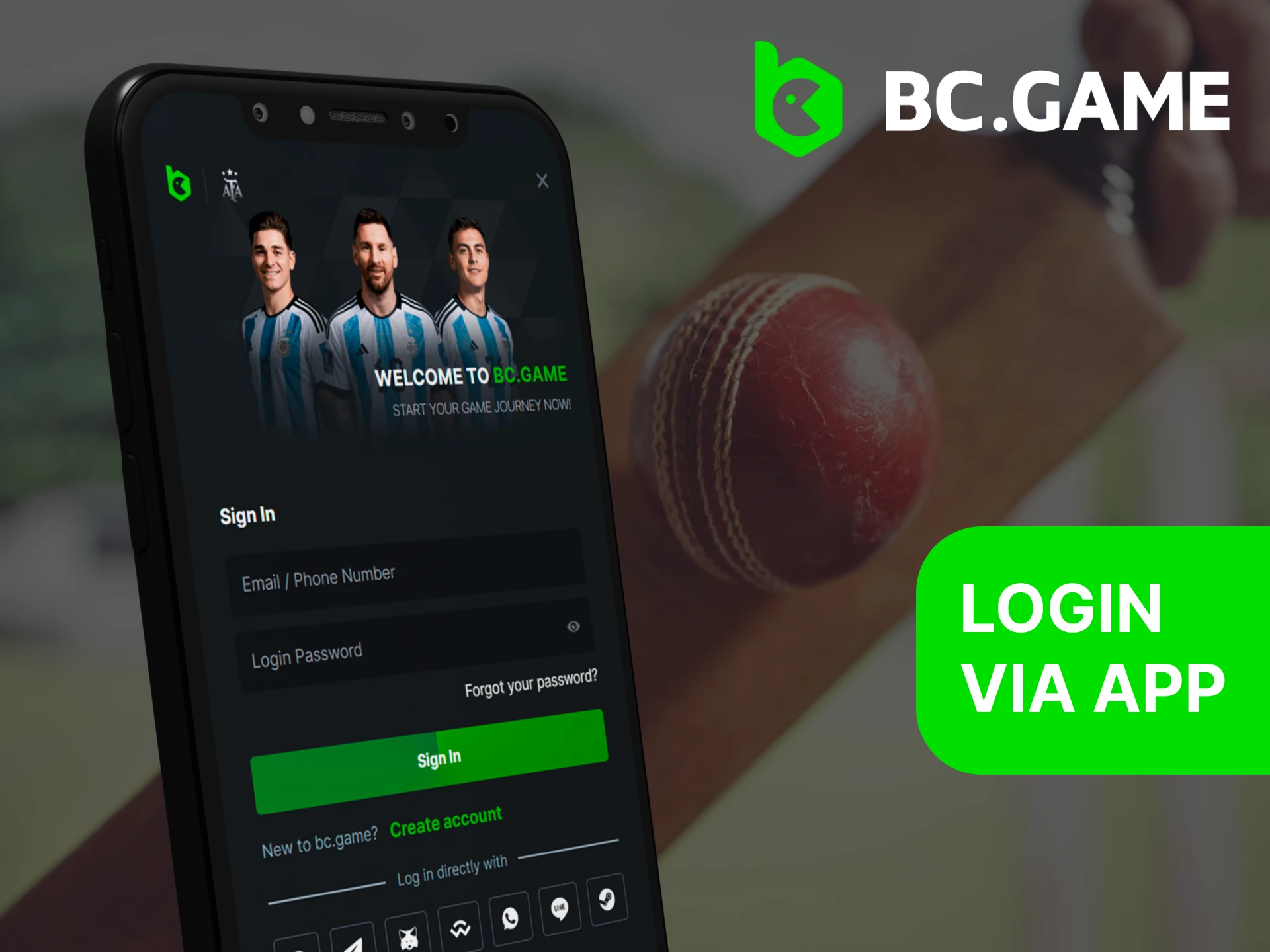 Smartphone displaying BC.Game app login screen with fields for email and password