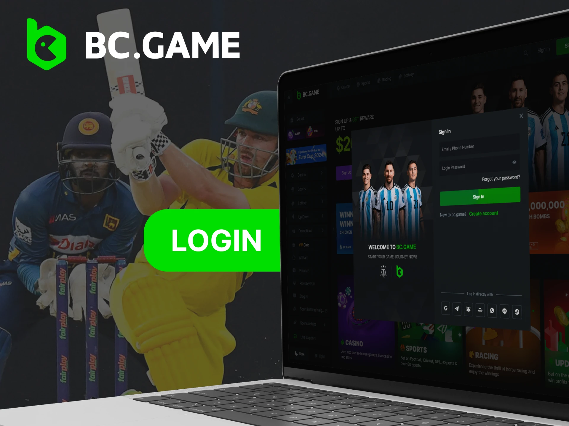 Laptop displaying BC.Game login page with fields for email and password