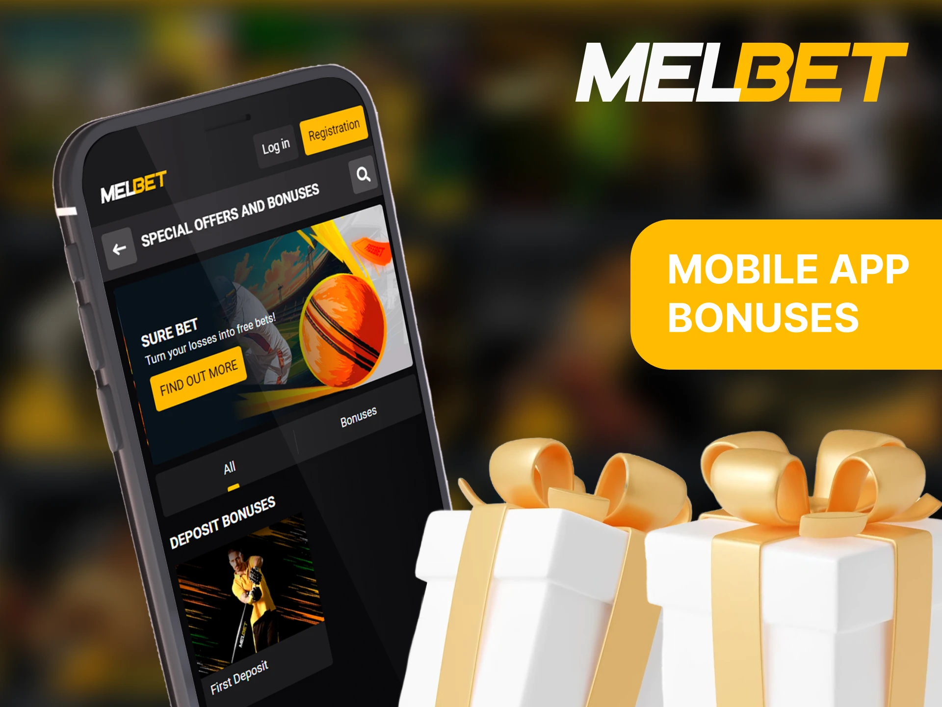 Smartphone displaying Melbet app with various bonuses and promotions