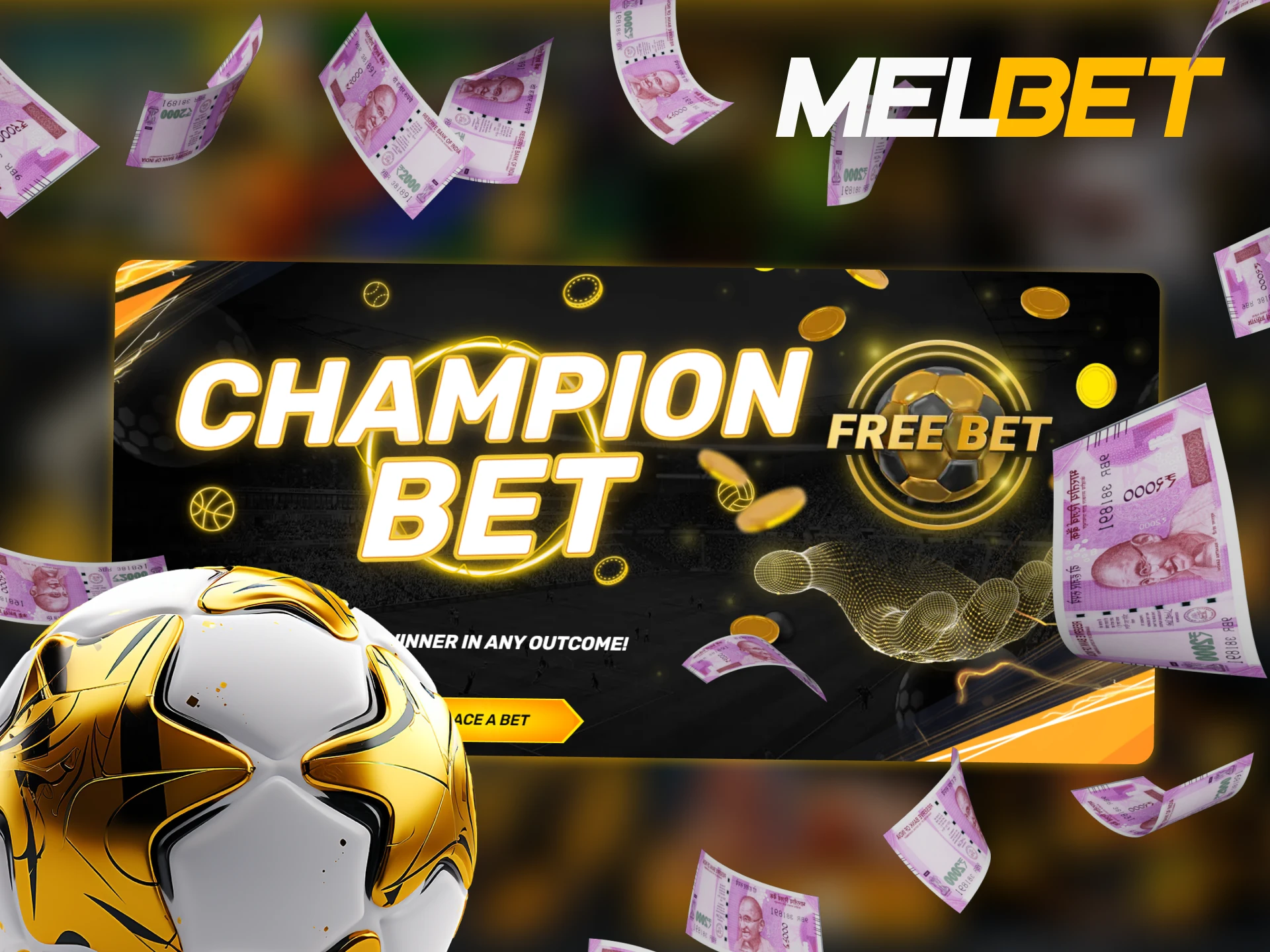 Laptop displaying Melbet Champion Bet bonus with information on how to claim