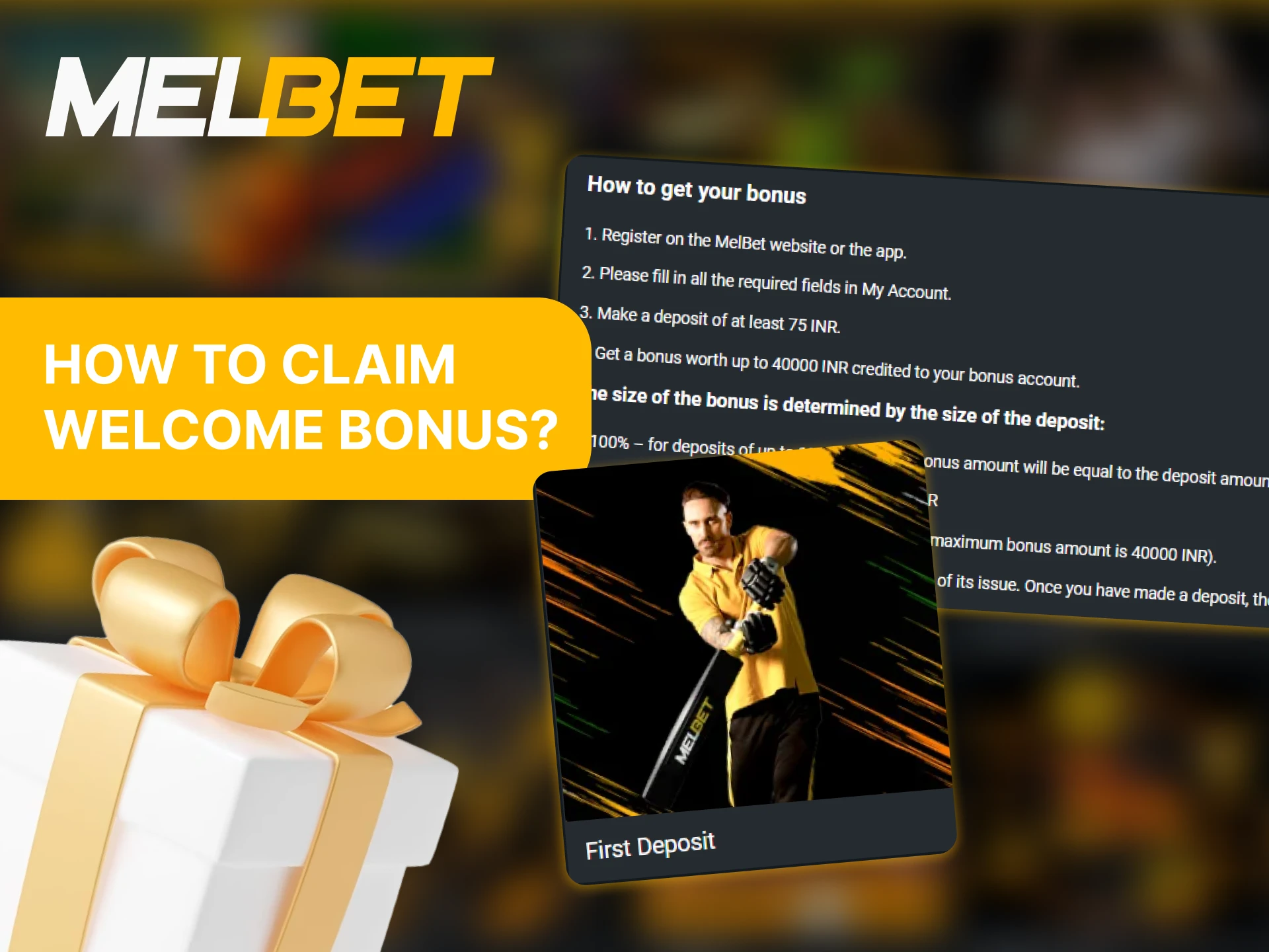 Laptop displaying Melbet bonuses page with instructions on how to claim offers