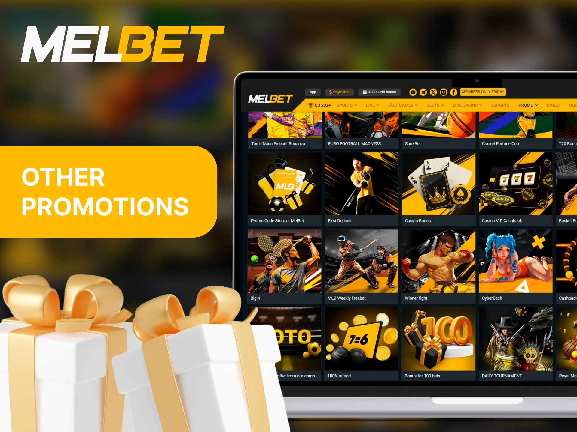Laptop displaying Melbet other bonuses and promotions