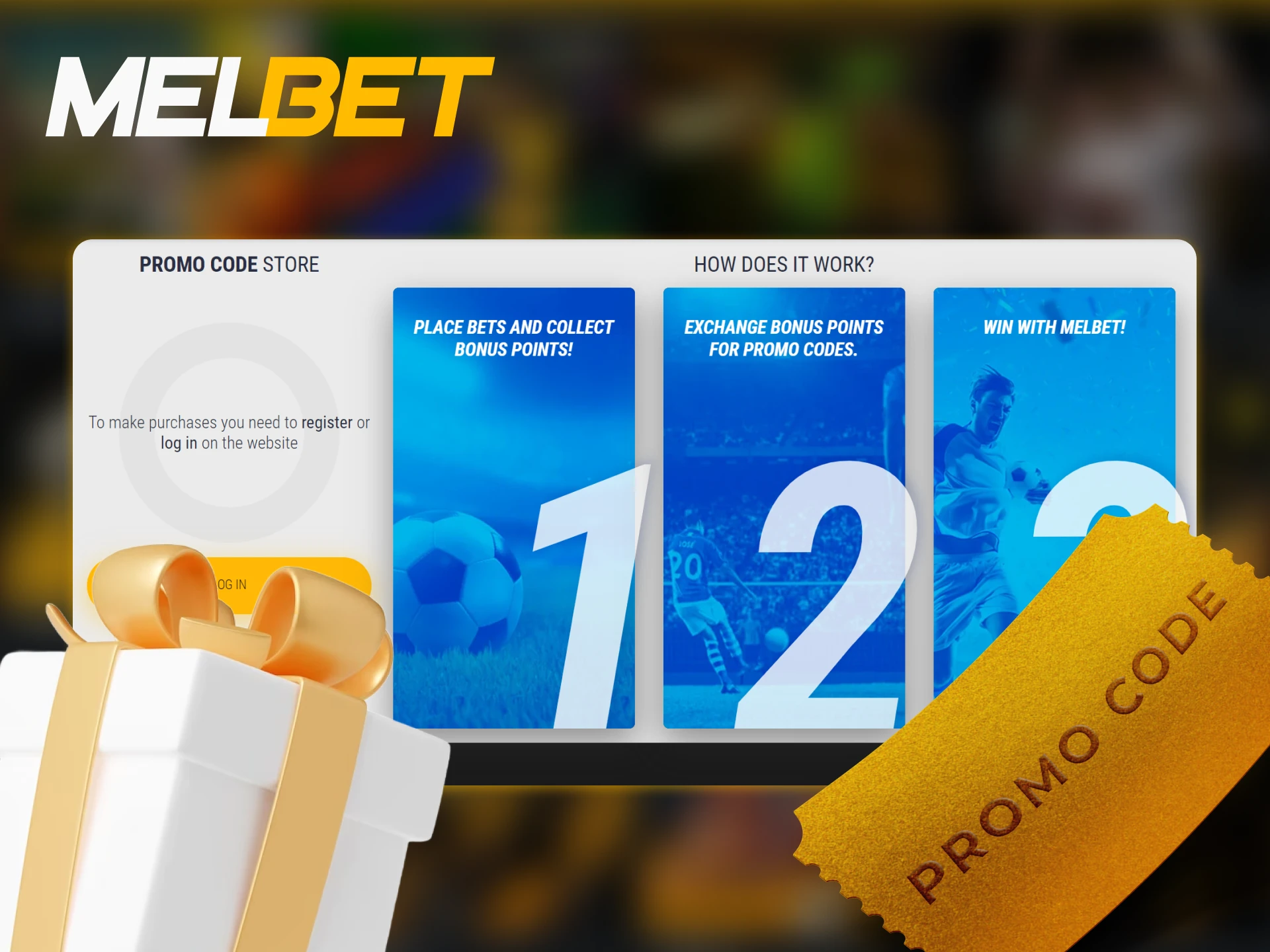 Laptop displaying Melbet promo code store with various promo codes for bonuses