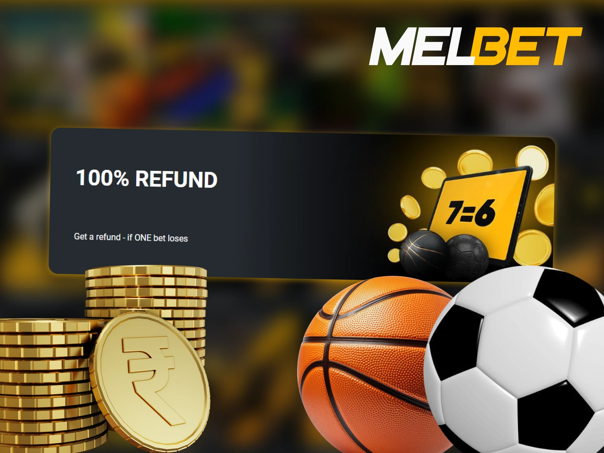 Laptop displaying Melbet refund bonus with information on how to claim