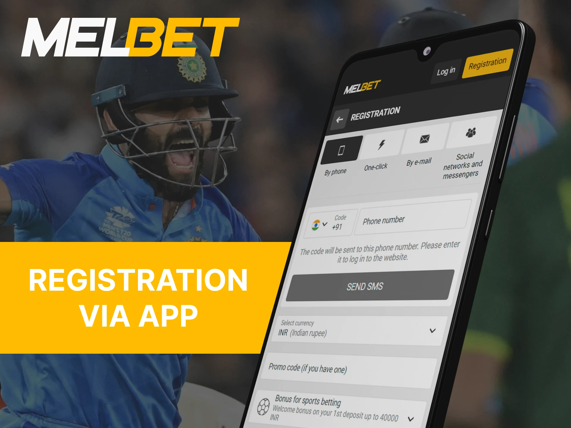 Smartphone displaying Melbet app with a registration button