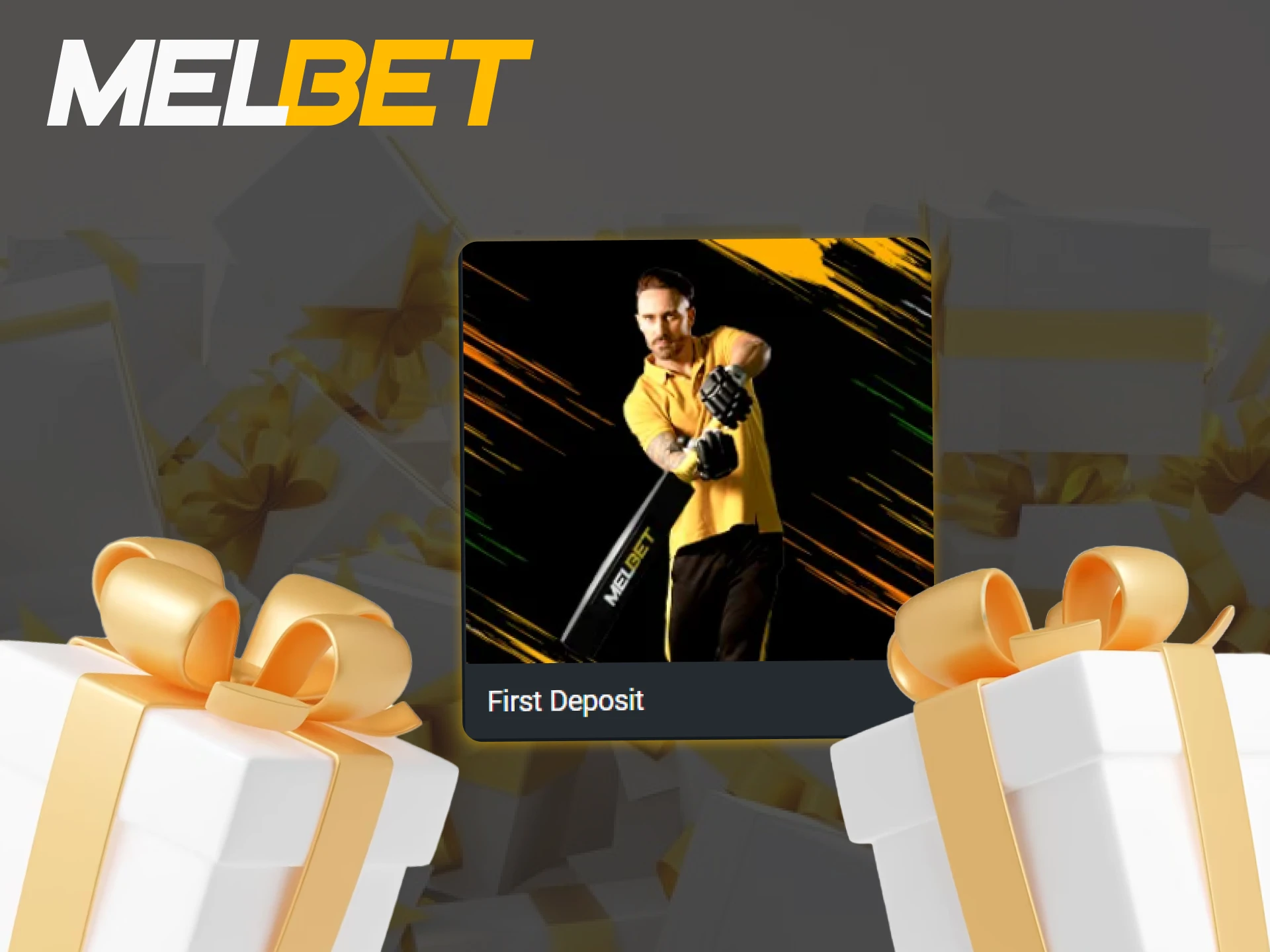 Illustration of a man holding a gift box with Melbet registration bonus information