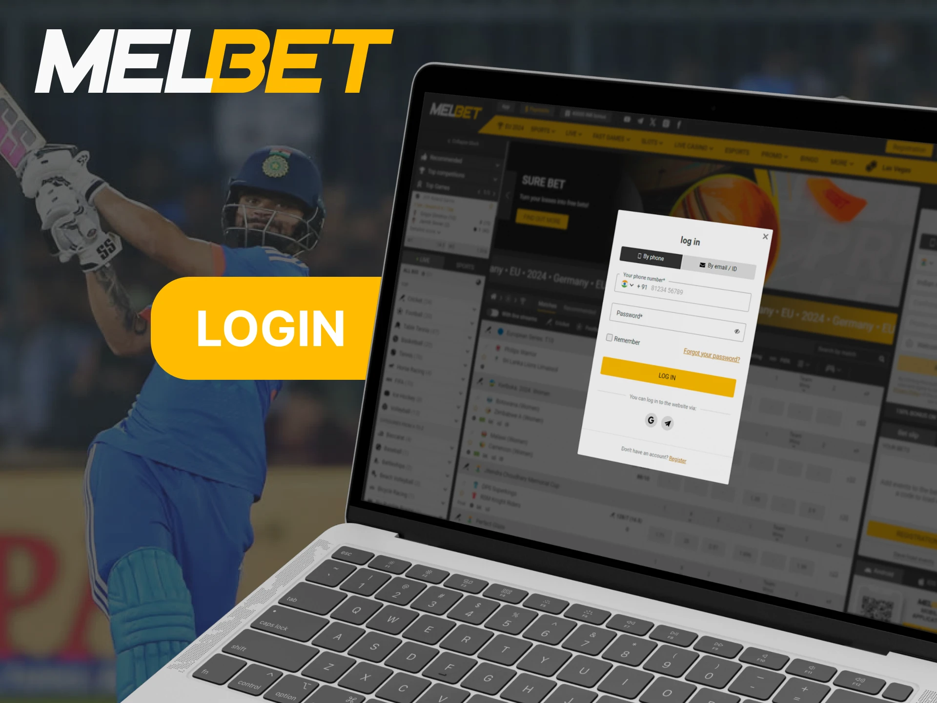 Laptop displaying Melbet login page with fields for email and password