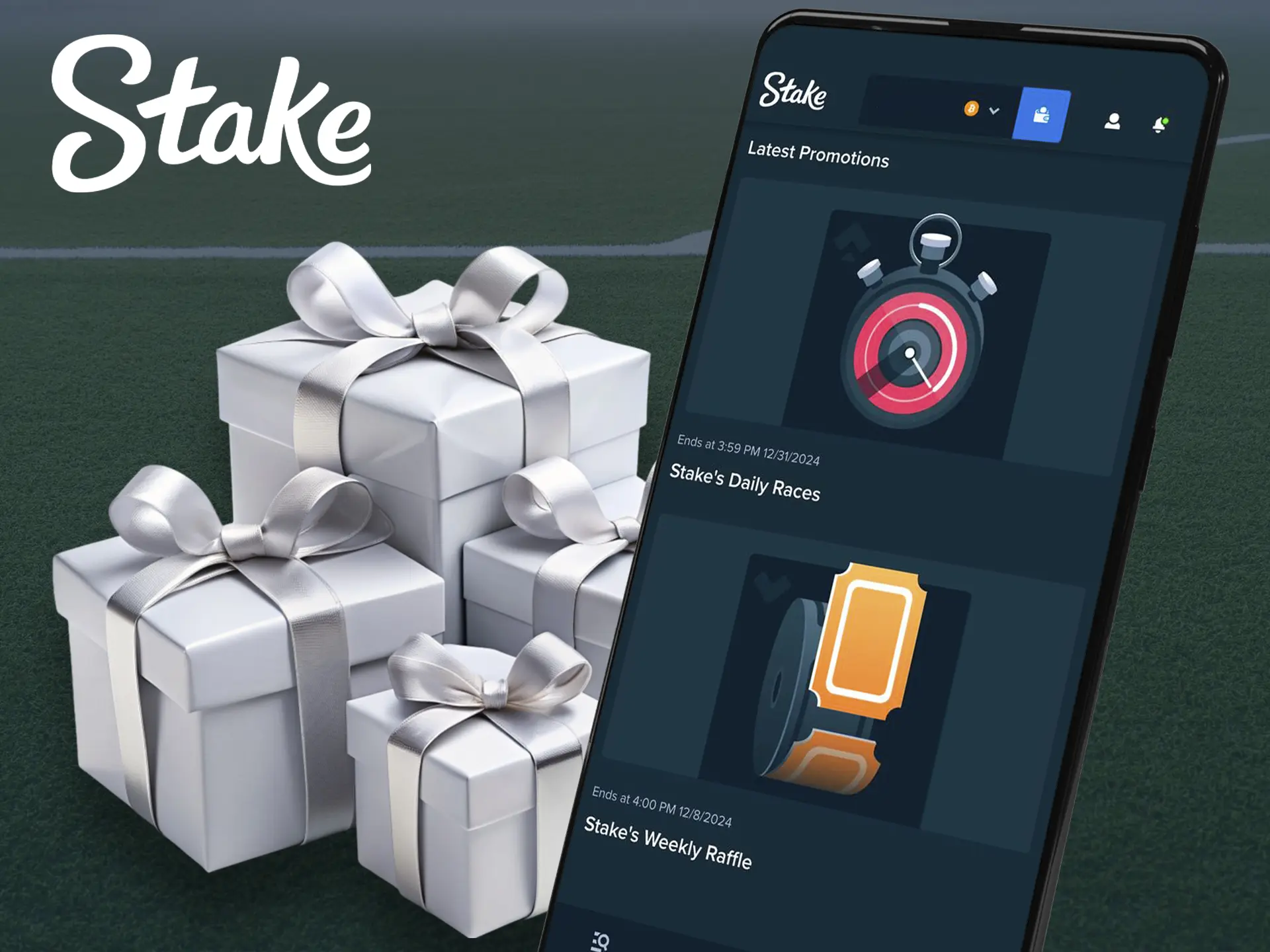 A screenshot of Stake's bonuses page, showcasing a promotion for the mobile app. The image highlights the benefits of using the app.