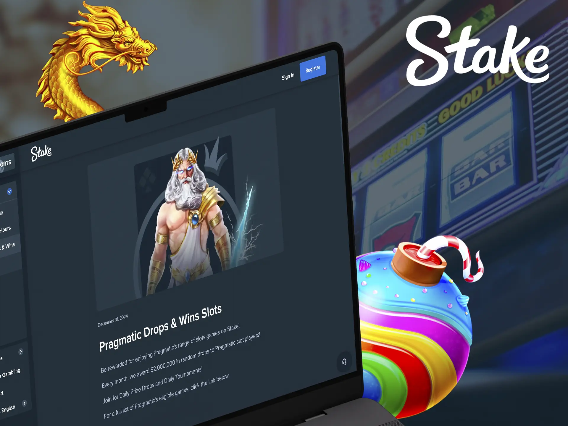 A screenshot of Stake's bonuses page, showcasing information about Pragmatic Play slots bonuses. The image includes details about the bonus and how to claim it.
