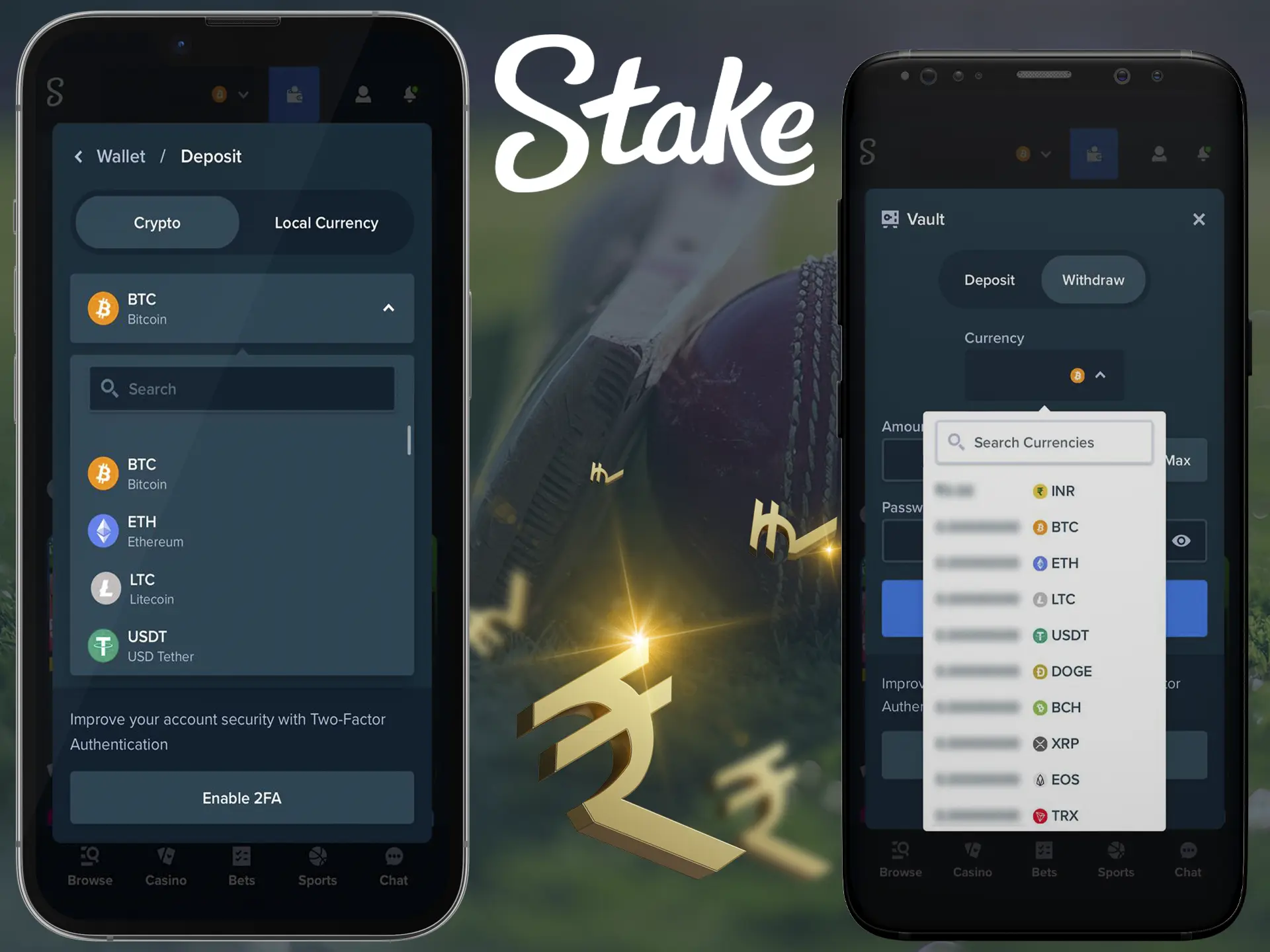 A screenshot of Stake's payment methods page, highlighting the ability to make deposits and withdrawals through the mobile app. The image includes a visual representation of the app.