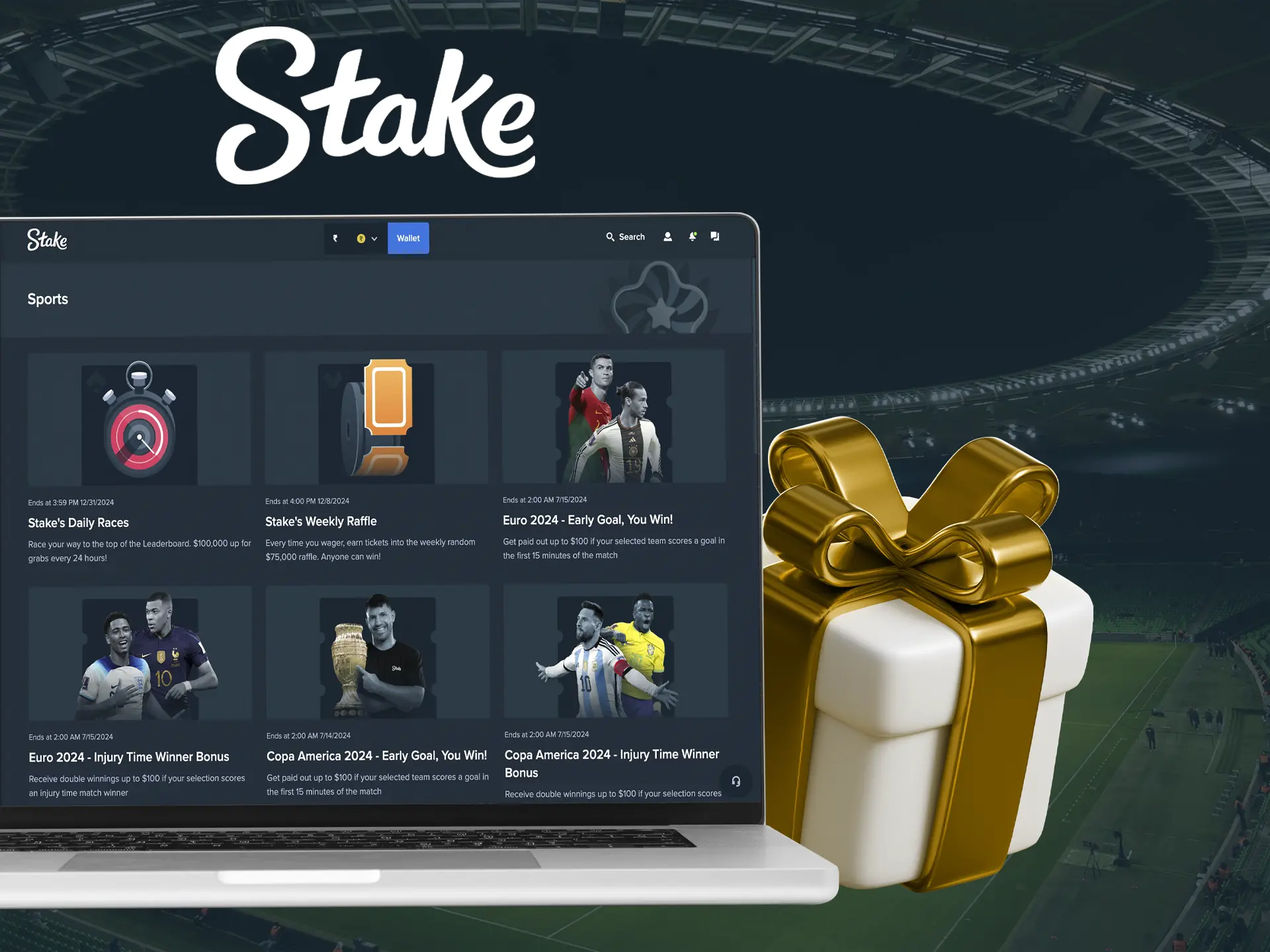 A screenshot of Stake's registration page, showcasing a welcome bonus offer. The image includes details about the bonus and how to claim it.