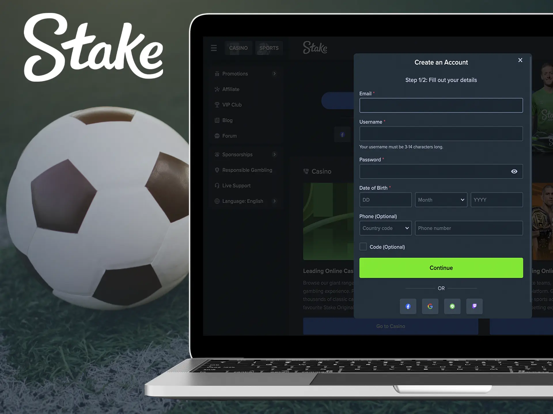 A screenshot of Stake's registration page, showcasing a step-by-step guide on how to create an account. The image includes clear visuals and instructions.