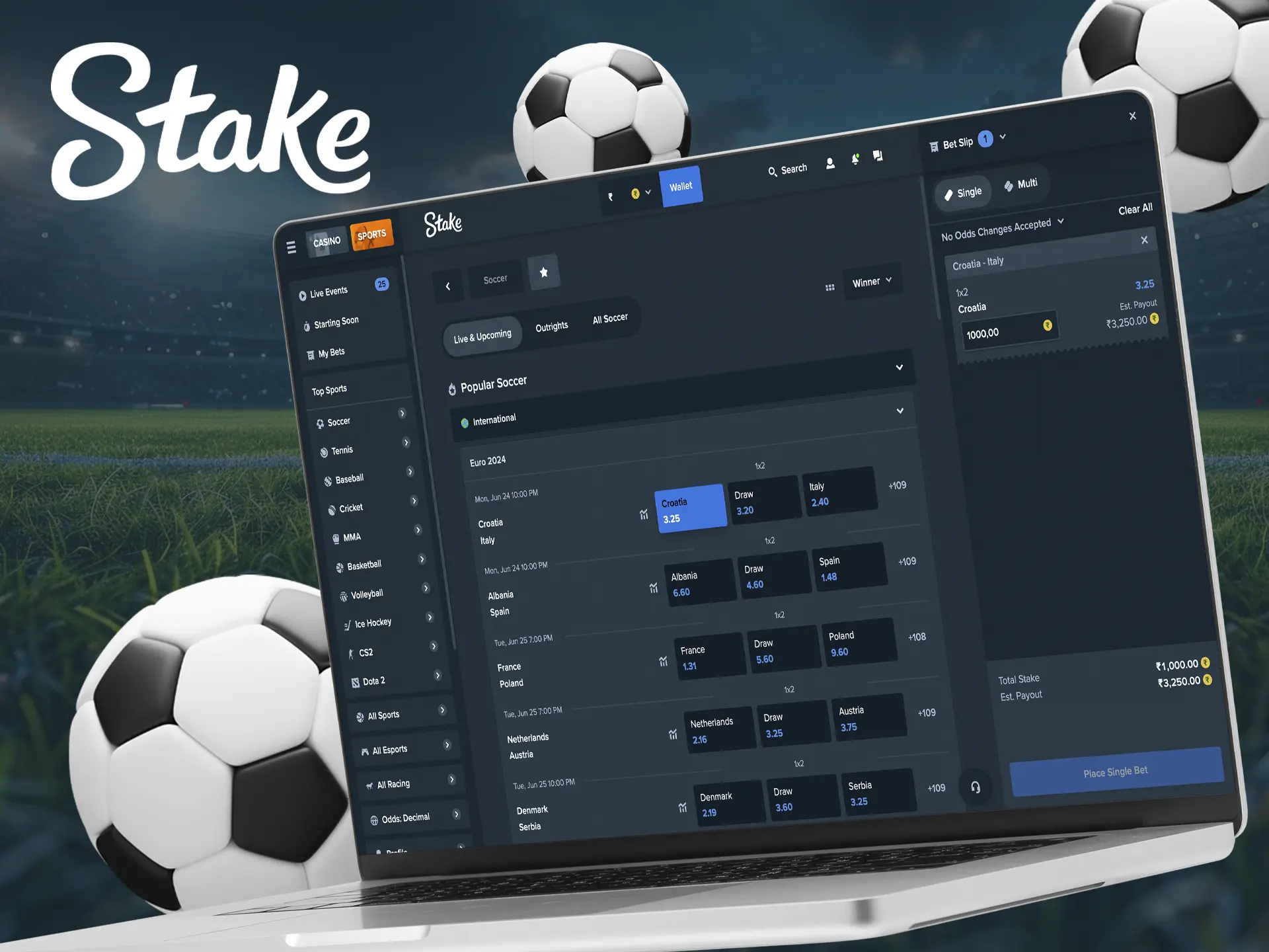 A screenshot of Stake's website, showcasing a guide on how to start betting after registration. The image includes instructions on navigating the platform and placing bets.