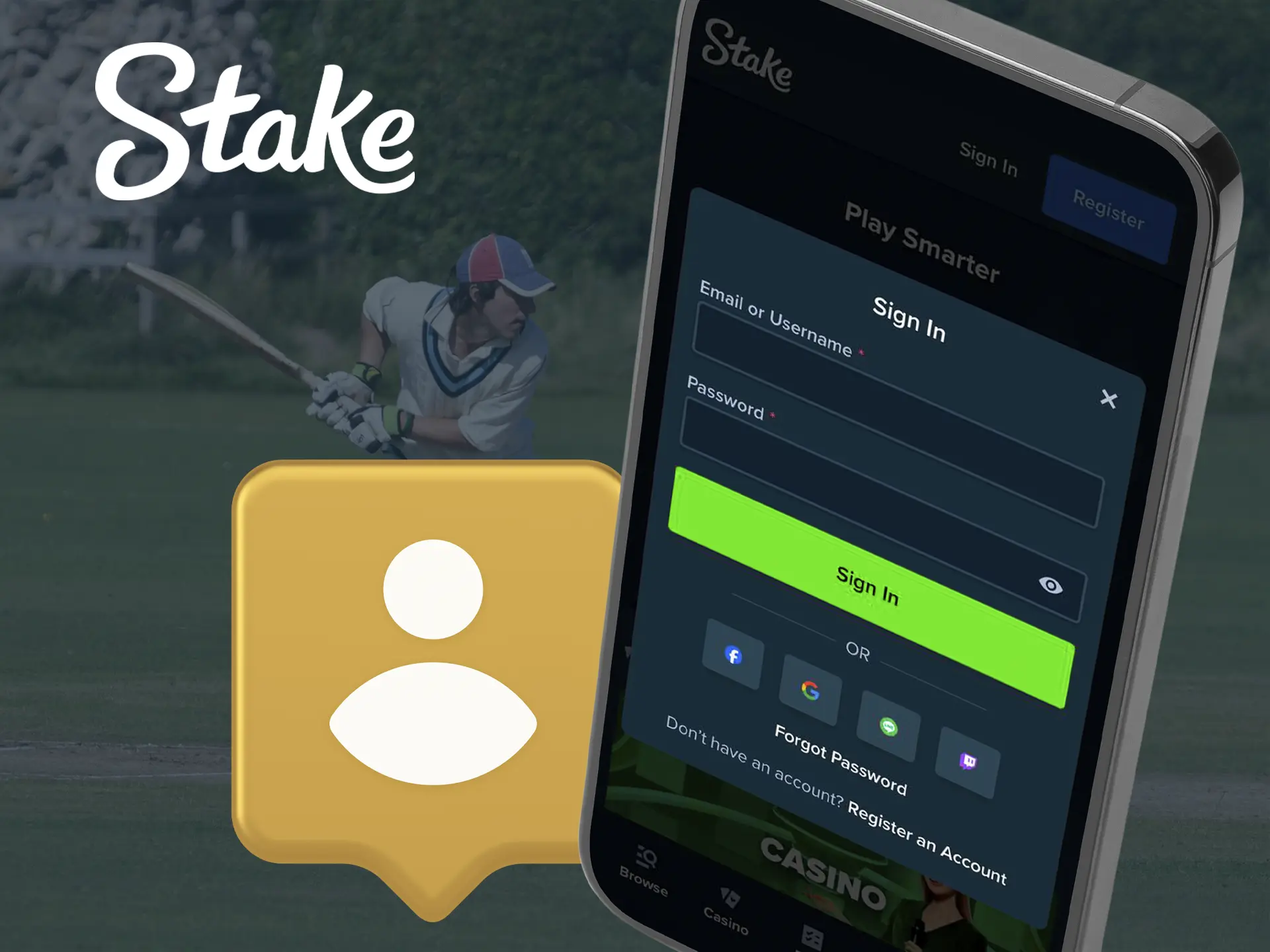 A screenshot of Stake's mobile app's login page, showcasing the user interface for logging into an account. The image includes fields for entering email and password.