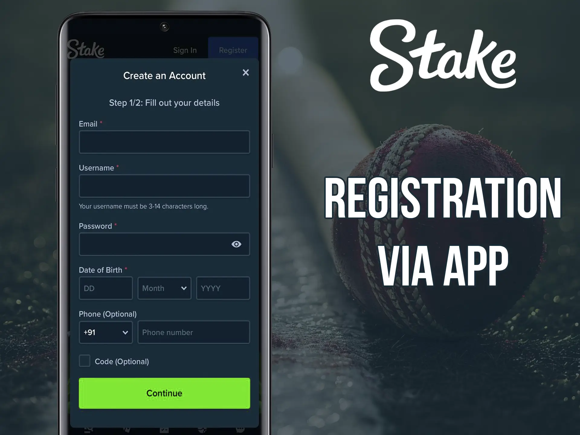 A screenshot of Stake's registration page, highlighting the ability to register through the mobile app. The image includes a visual representation of the app.