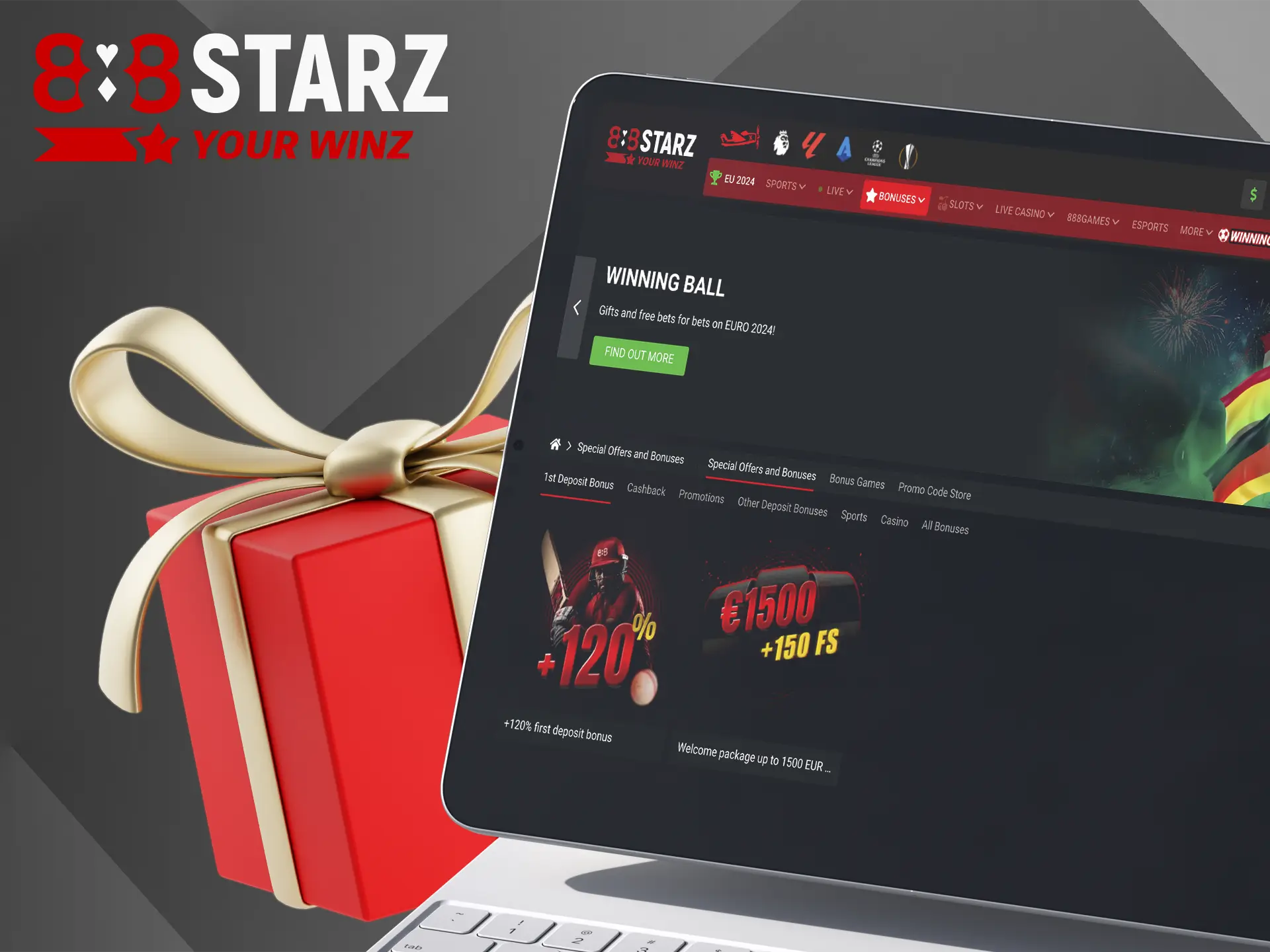 Get a bonus available immediately after registration and first deposit that will increase your stake at 888Starz.