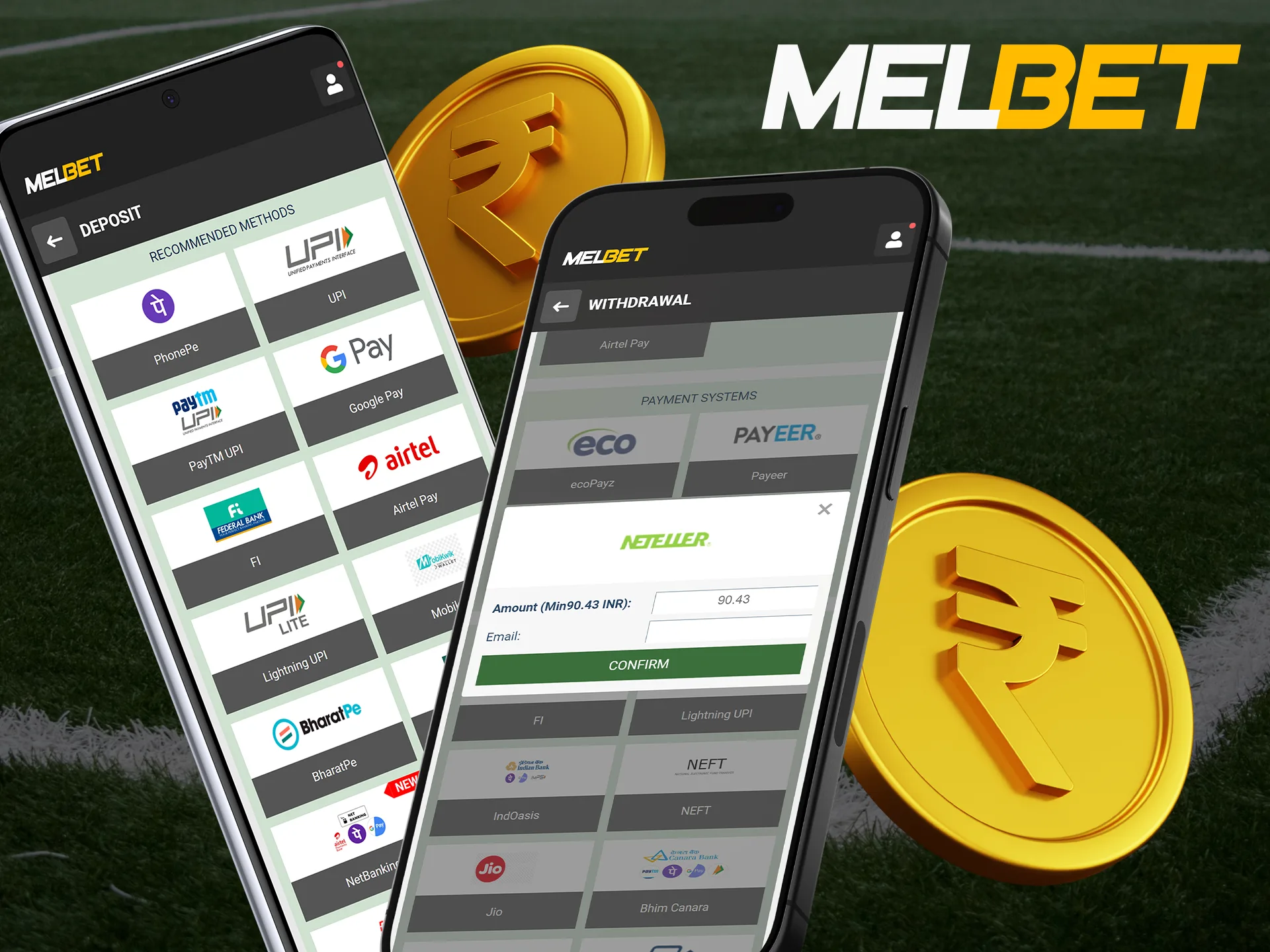 Smartphone displaying Melbet app with various payment methods and options