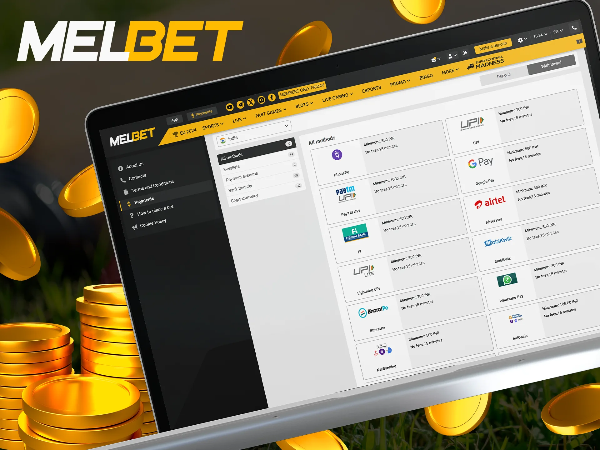 Laptop displaying Melbet withdrawal methods and options