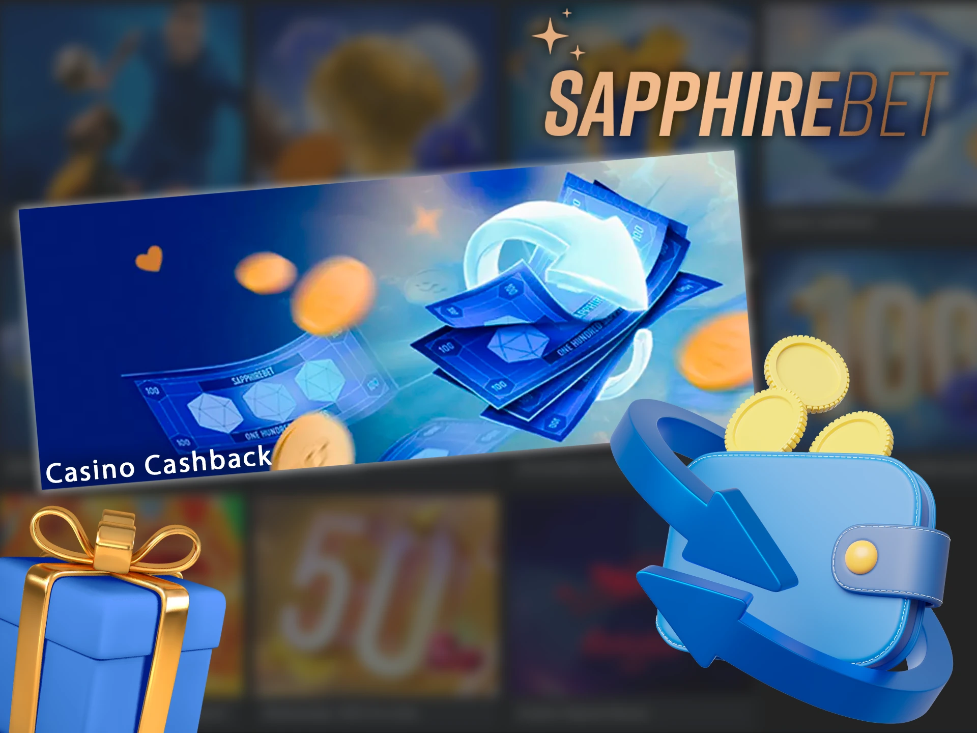 A screenshot of the Sapphirebet app's bonuses page, showing information about a casino cashback bonus.