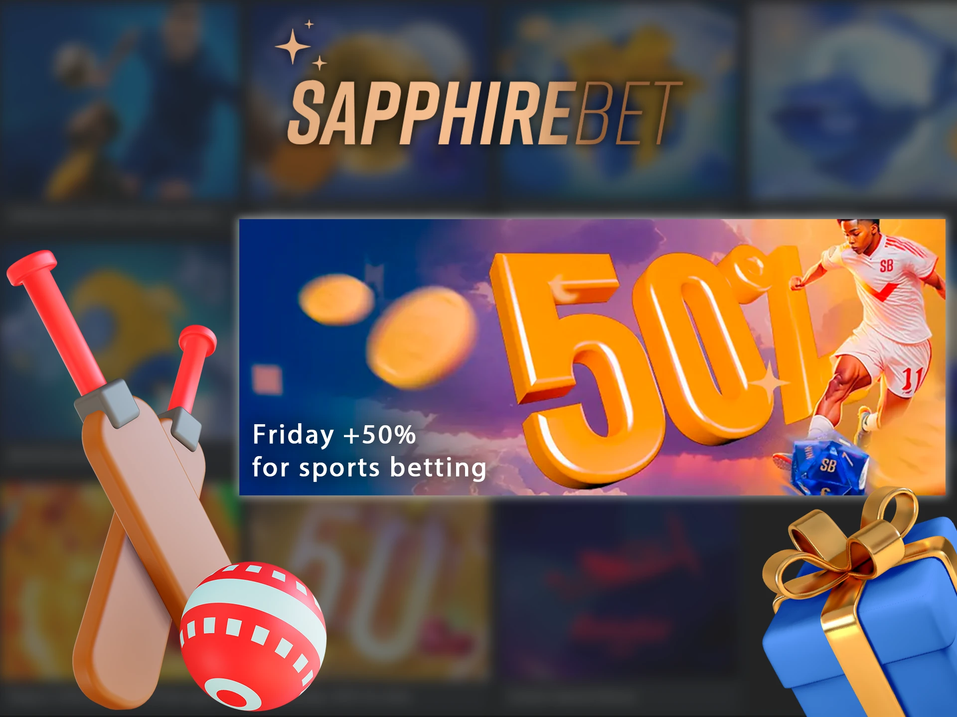 A screenshot of the Sapphirebet app's bonuses page, showing information about a Friday 50% bonus.