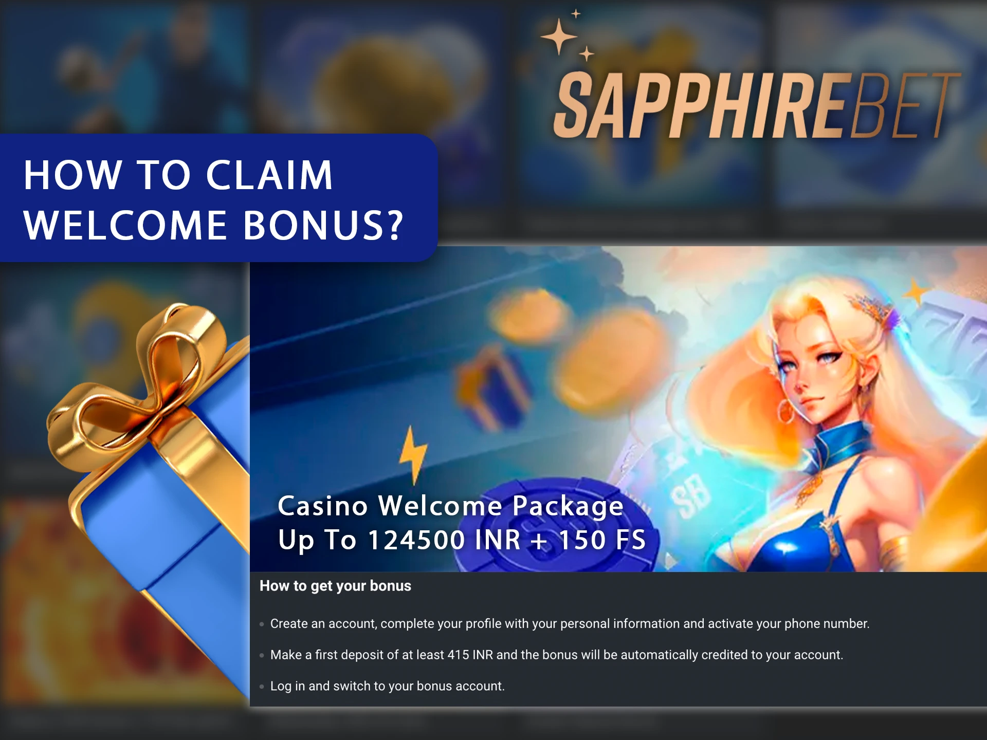 A screenshot of the Sapphirebet app's bonuses page, showing instructions on how to claim a bonus.