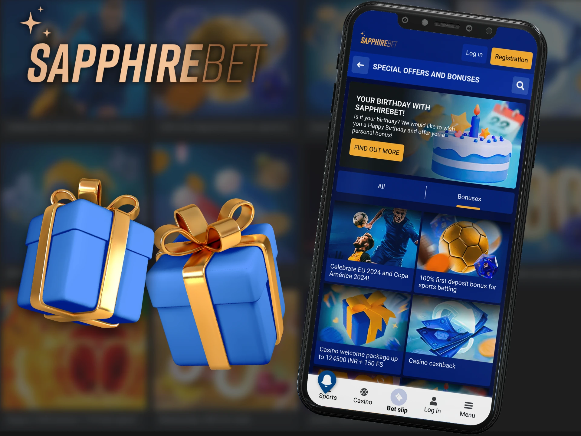 A screenshot of the Sapphirebet app's bonuses page, showing a promotion for the mobile app.
