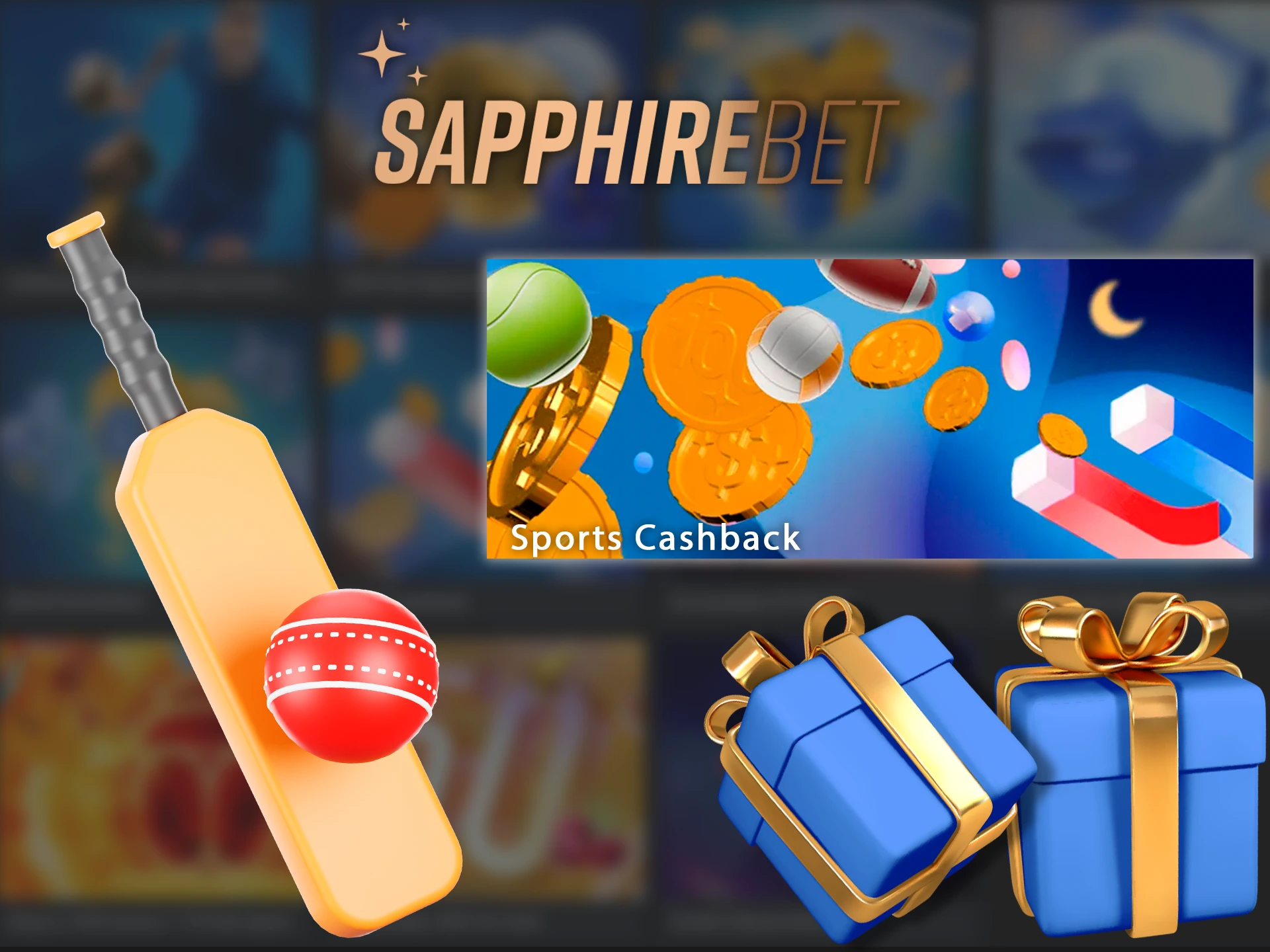 Get cashback on yoA screenshot of the Sapphirebet app's bonuses page, showing information about a sports cashback bonus.ur sports betting losses at Sapphirebet.