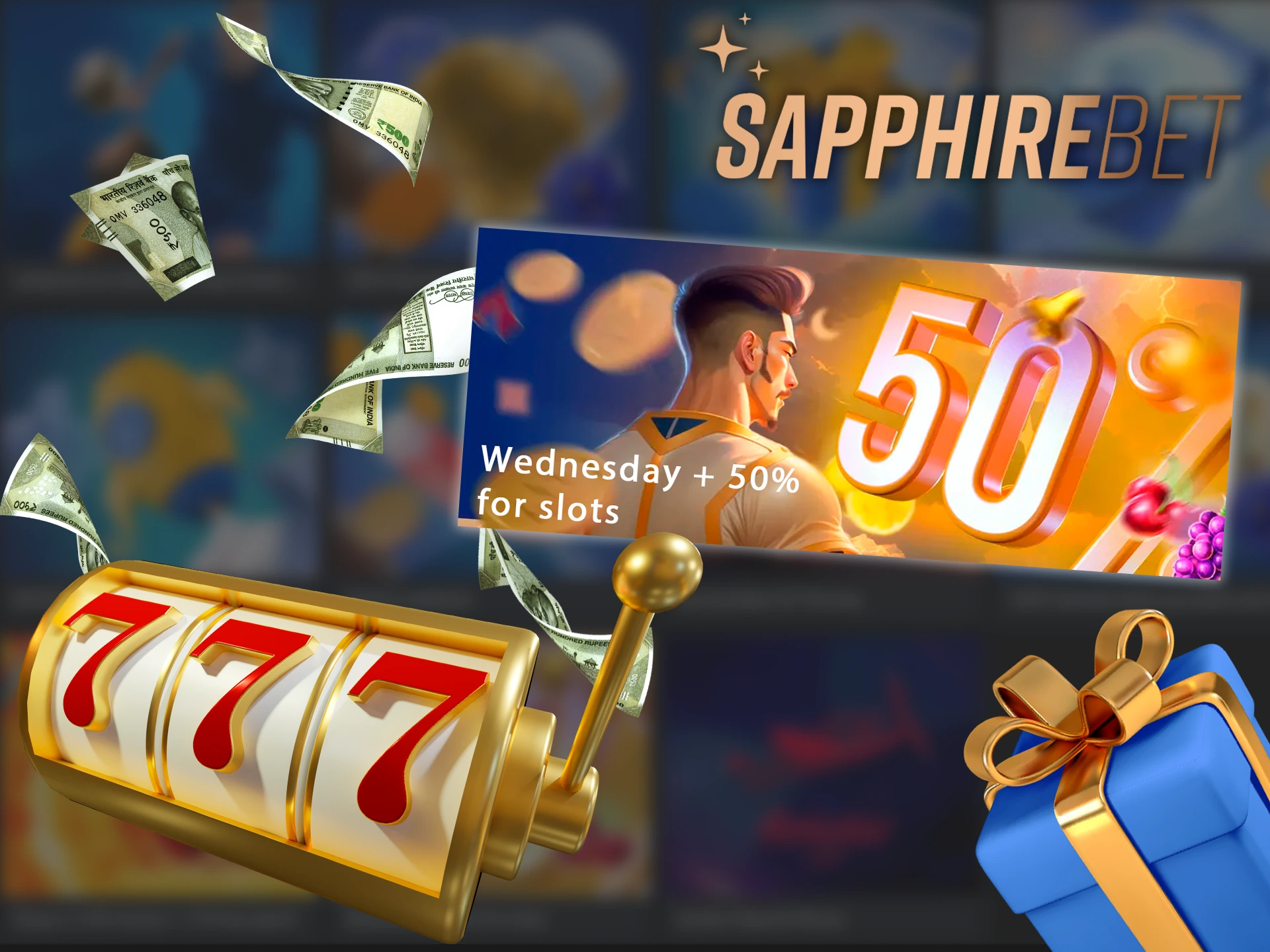 A screenshot of the Sapphirebet app's bonuses page, showing information about a Wednesday 50% bonus.
