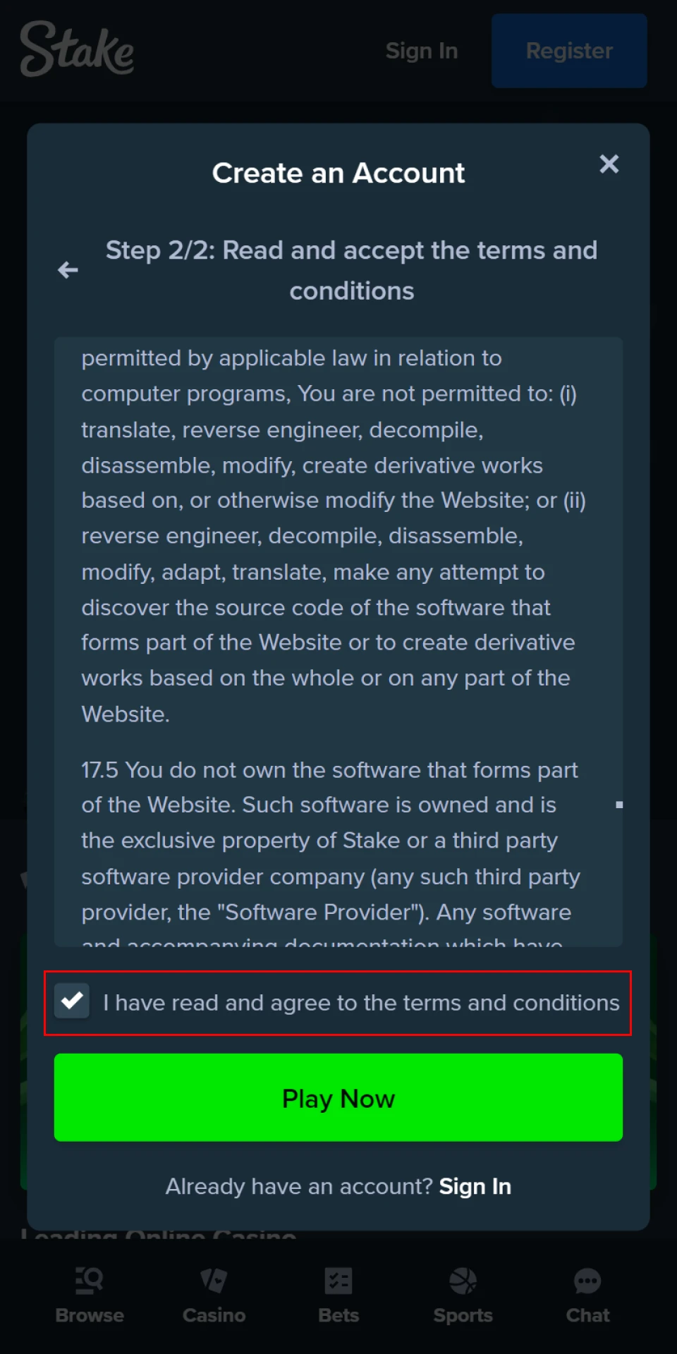 A step-by-step guide on how to register on Stake. The image shows a laptop screen with the Stake registration page, highlighting the step of agreeing to the terms and conditions.