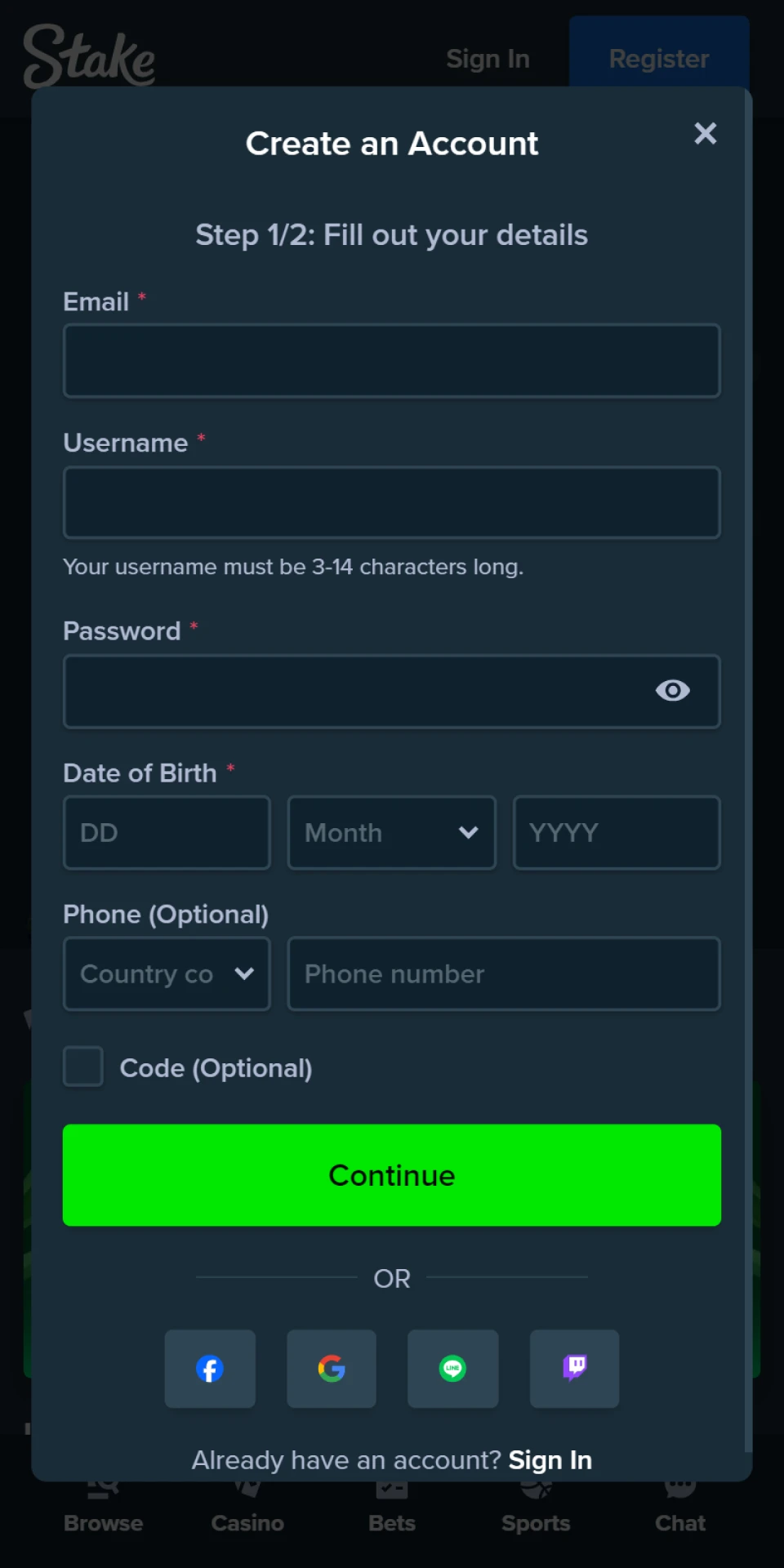 A step-by-step guide on how to register on Stake. The image shows a laptop screen with the Stake registration page, highlighting the step of filling out the registration form.