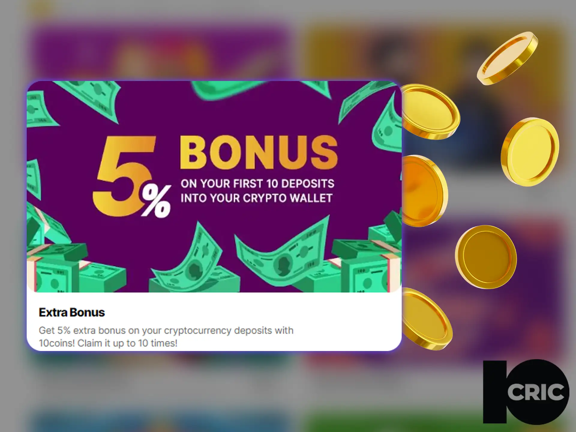 Promotional ad for cryptocurrency bonus on 10Cric with purple background