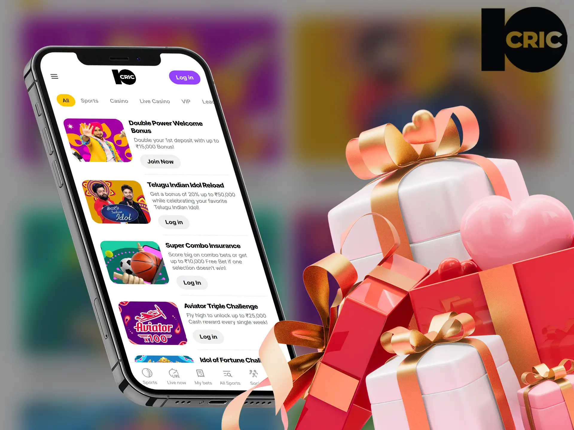 Mobile phone displaying 10Cric app with promotions and welcome bonuses