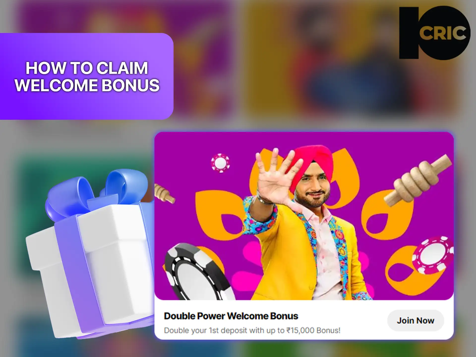 Colorful graphic promoting 10Cric welcome bonus with Indian-themed elements