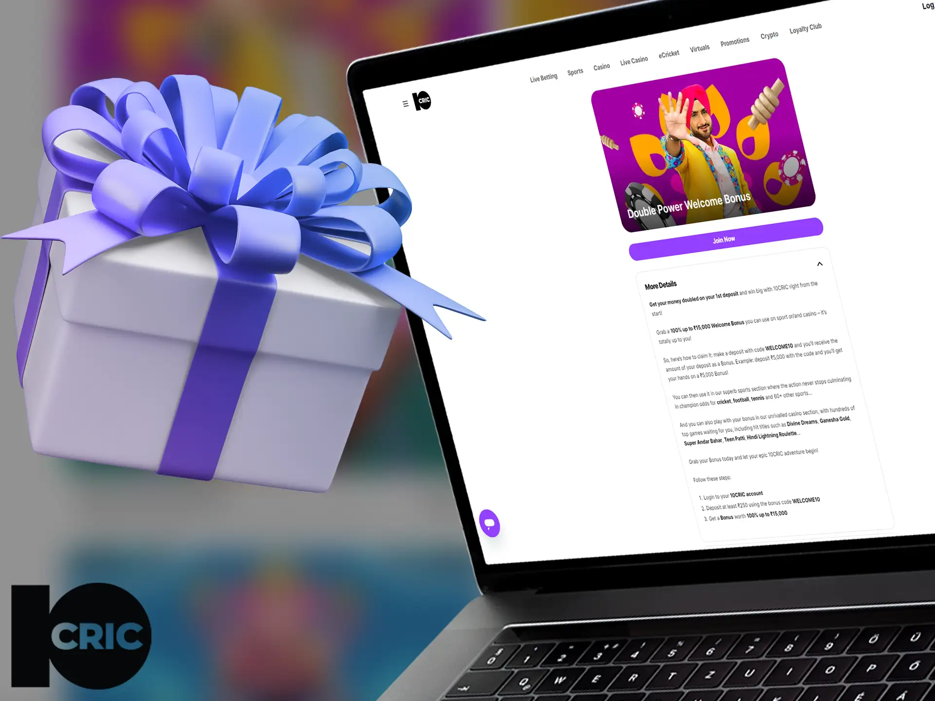 Laptop screen displaying 10Cric casino website with welcome bonus offer.