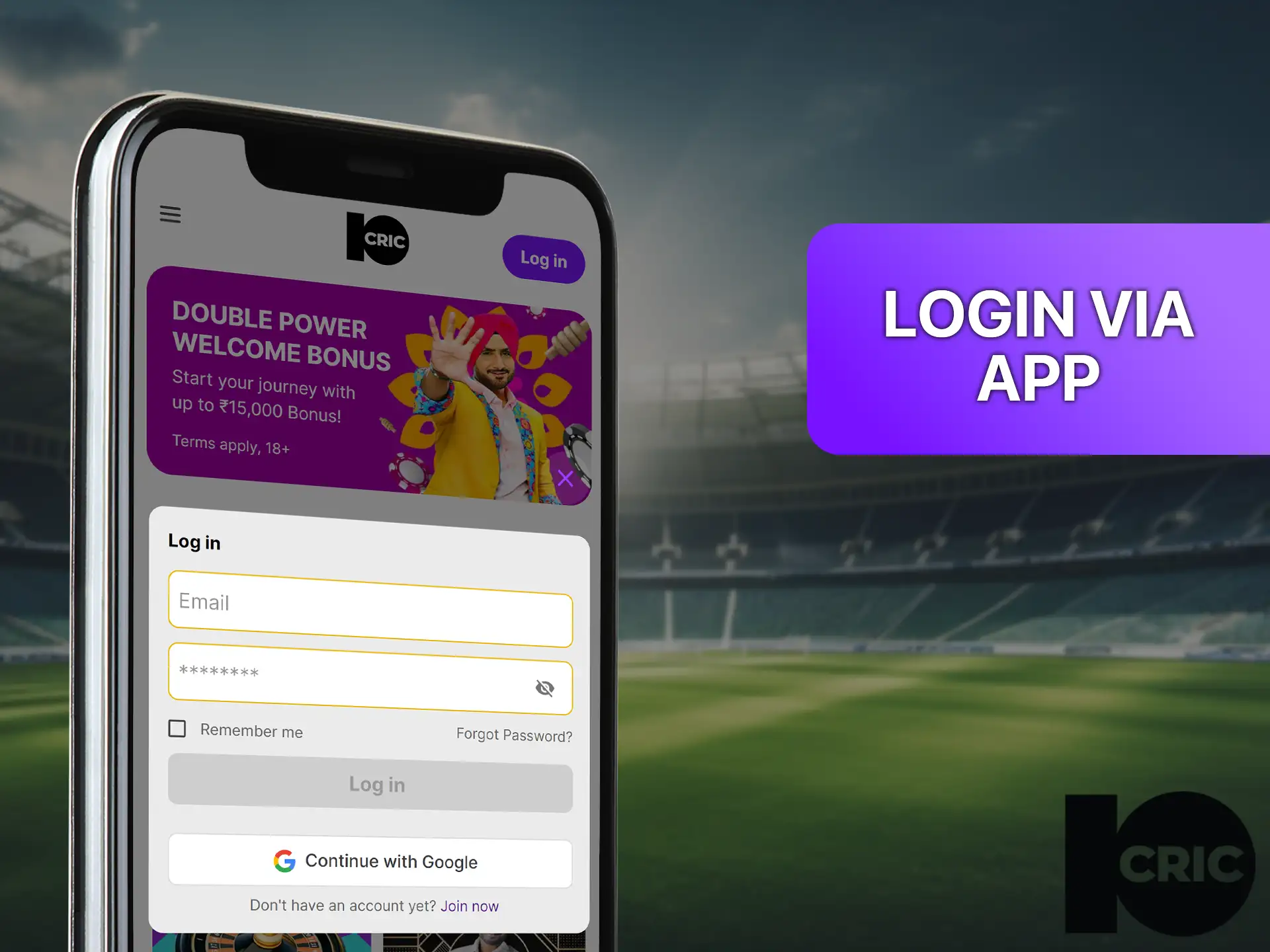 Smartphone with 10Cric app login screen and promotional banner