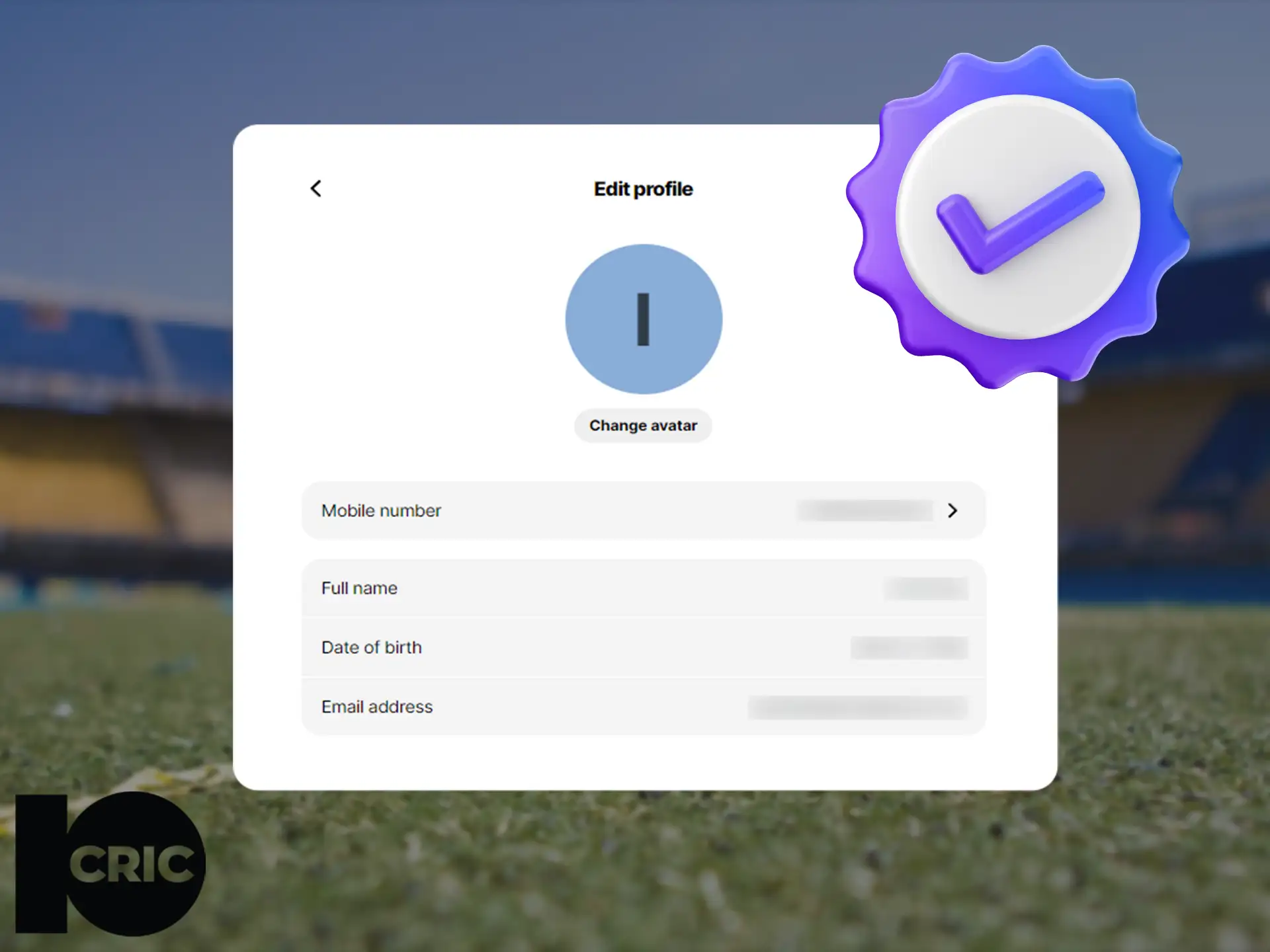Mobile phone screen with profile edit and verification fields for 10Cric account