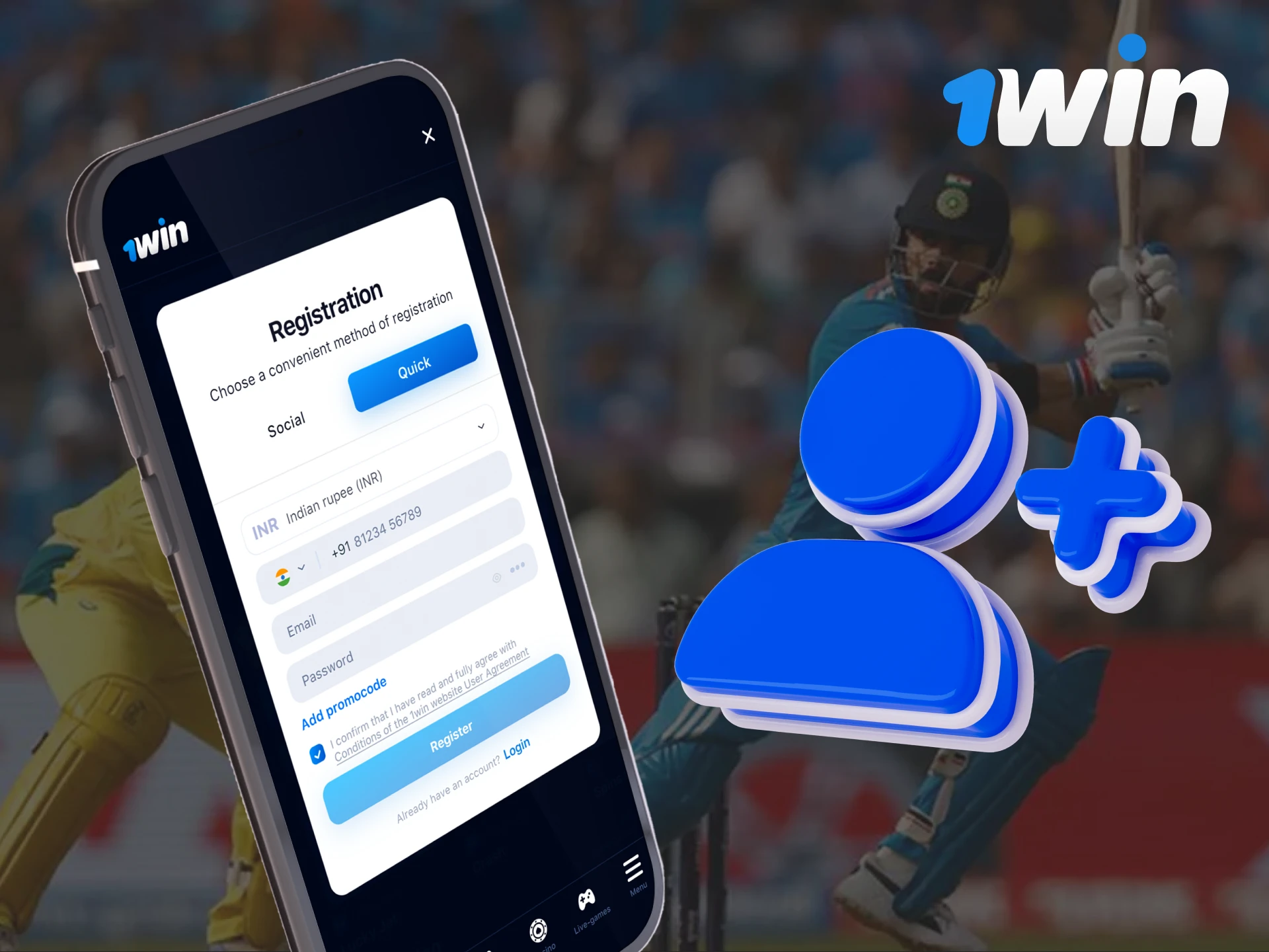 Quickly register through the 1Win mobile application.