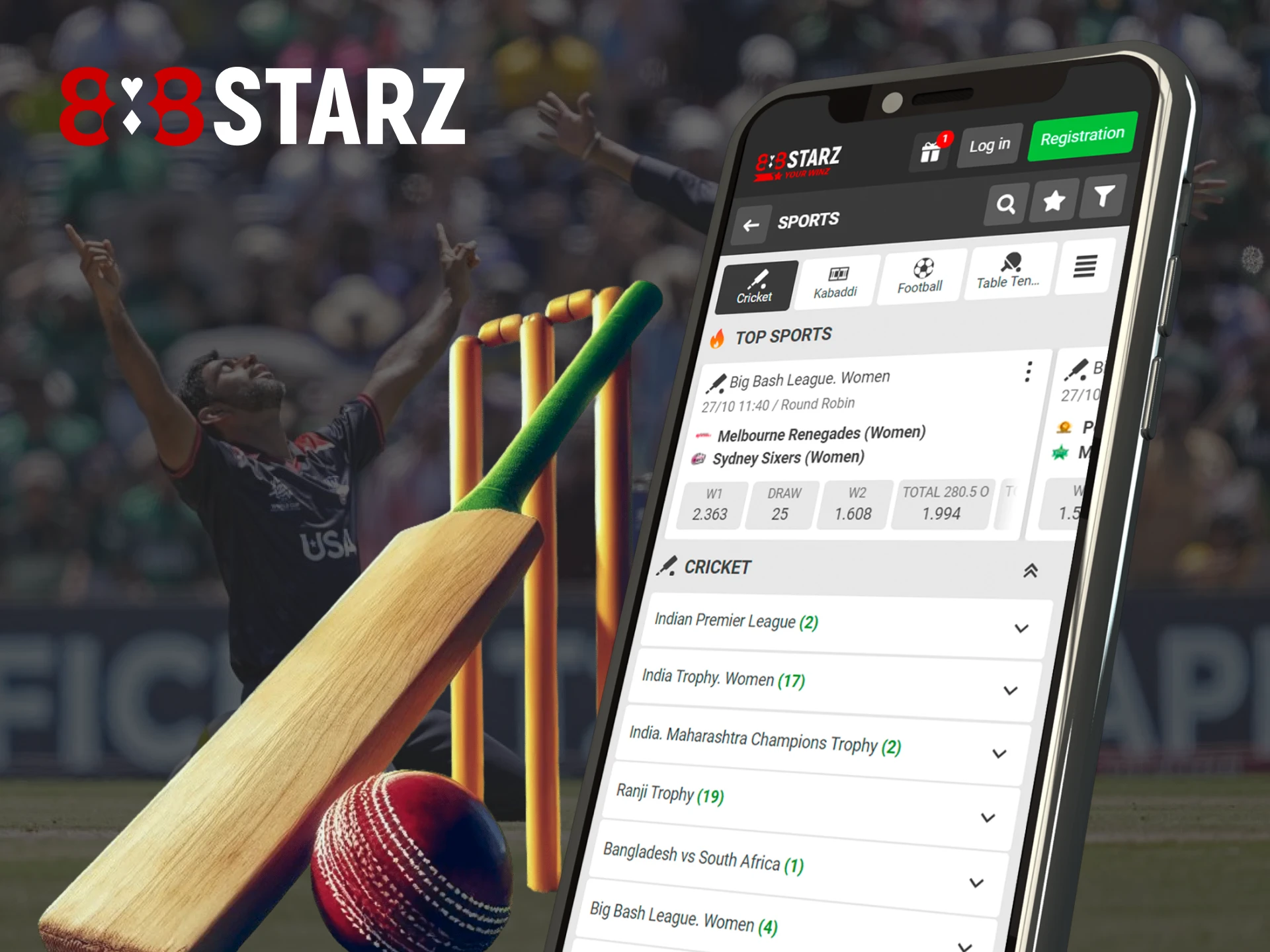Bet on your favourite cricket team with the 888Starz mobile app.