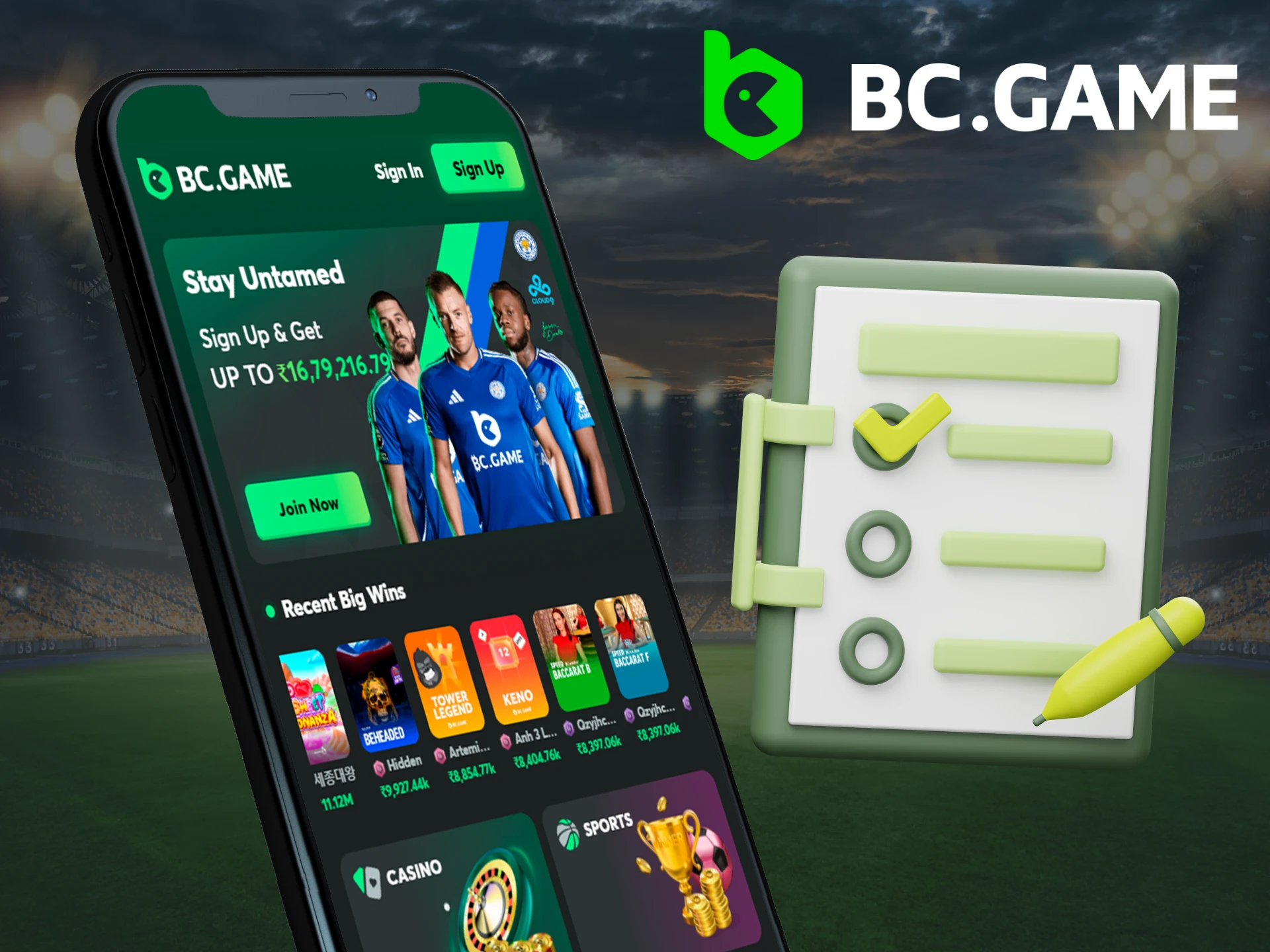 Illustration of a smartphone with a positive review of the BC.Game app