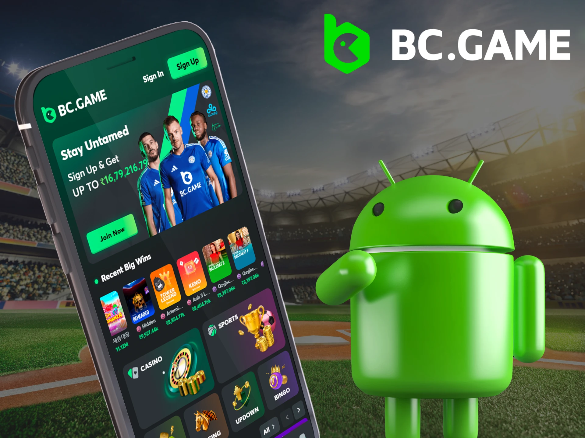 Illustration of a smartphone downloading the BC.Game app