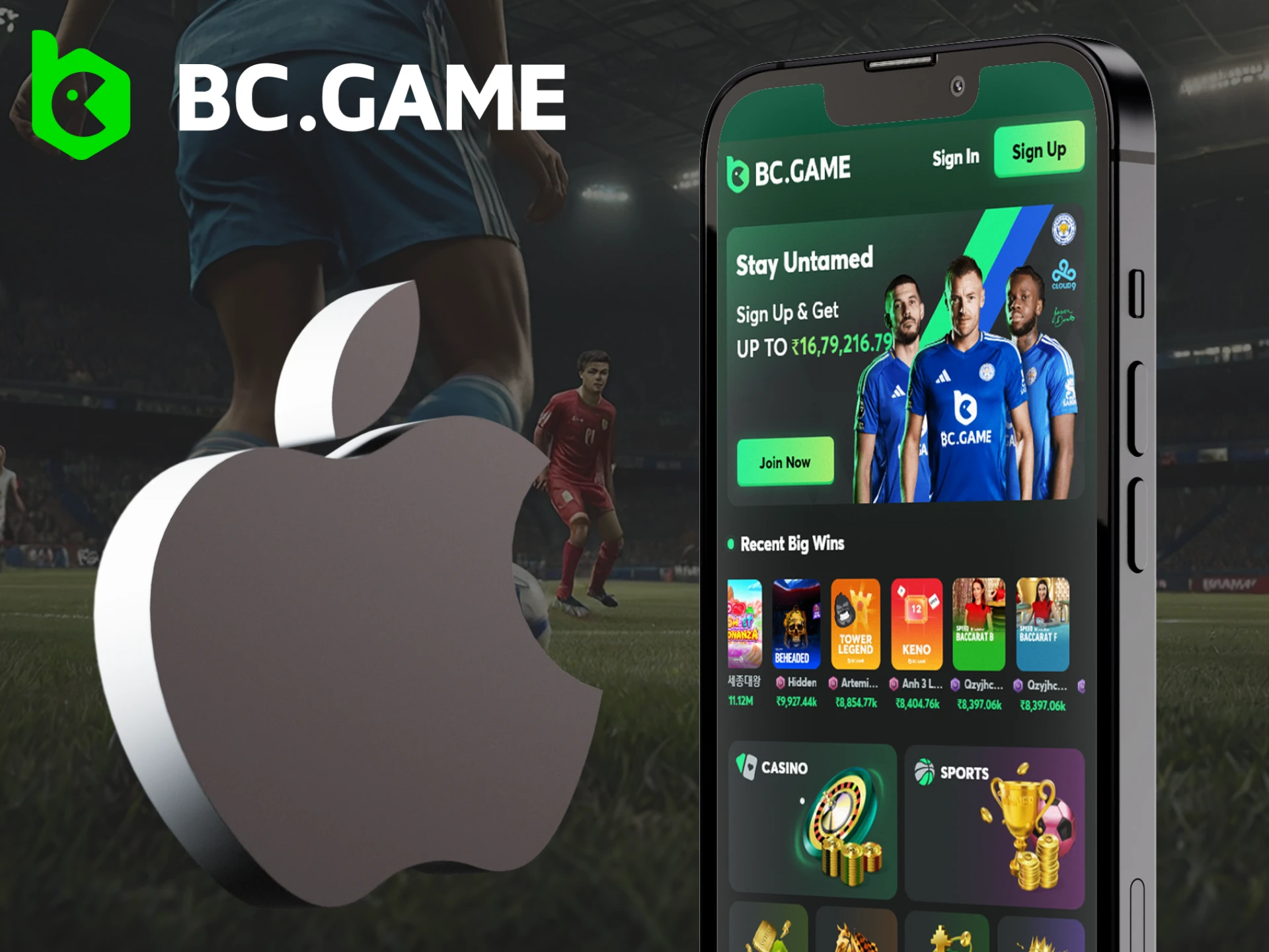 Illustration of an iPhone downloading the BC.Game app