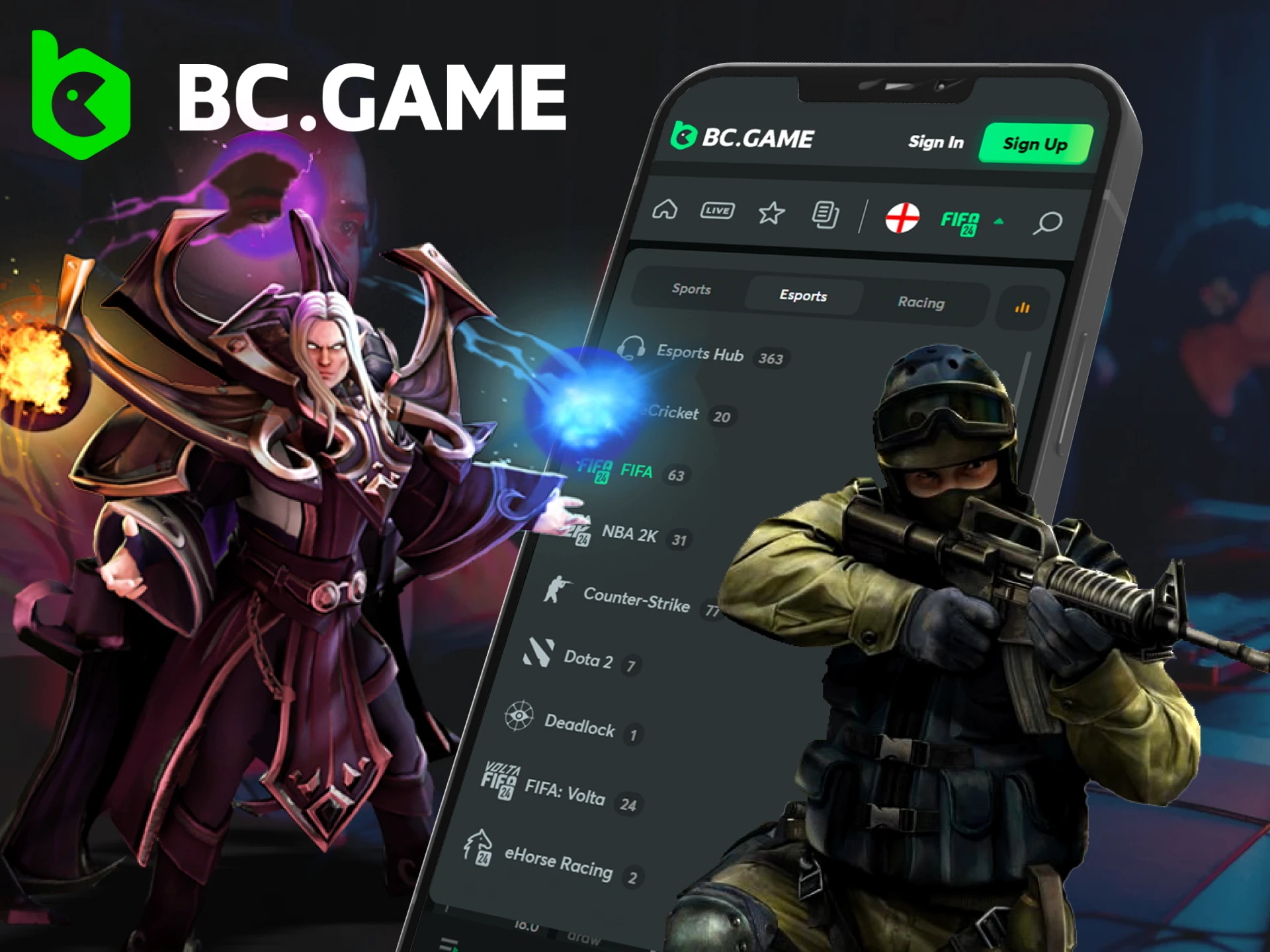 Screenshot of the BC.Game app esports section