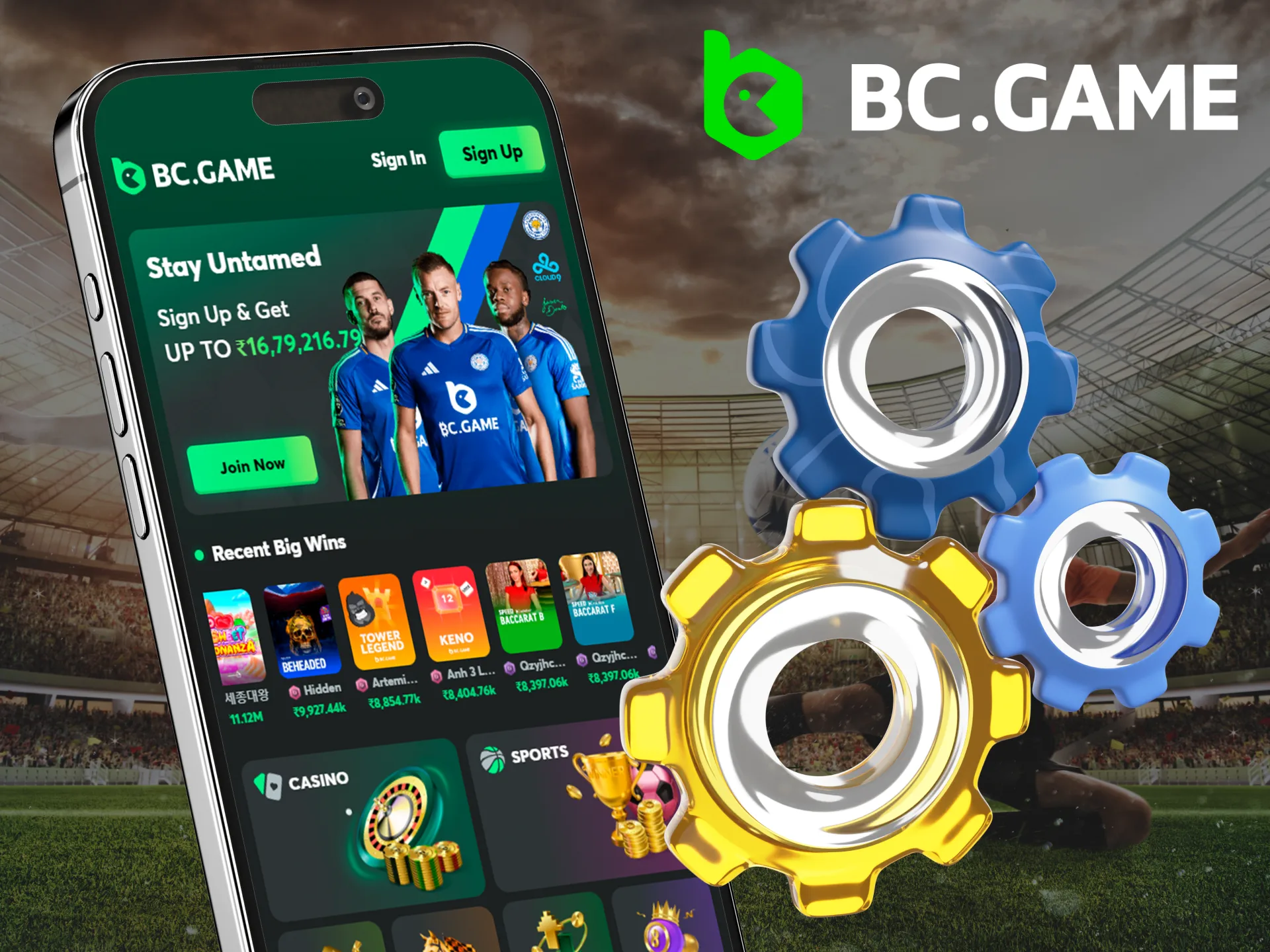 Illustration of a smartphone customizing the BC.Game app settings
