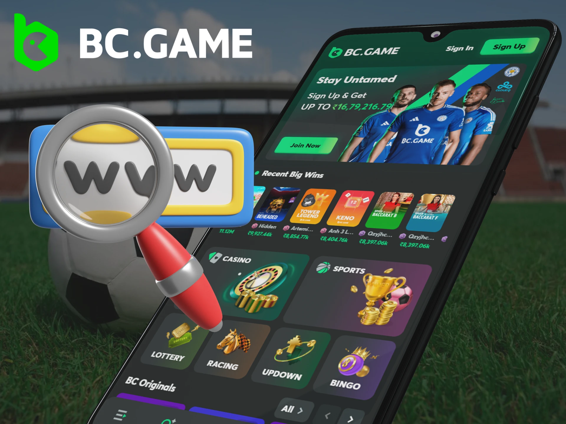Illustration of a smartphone browsing the BC.Game mobile website