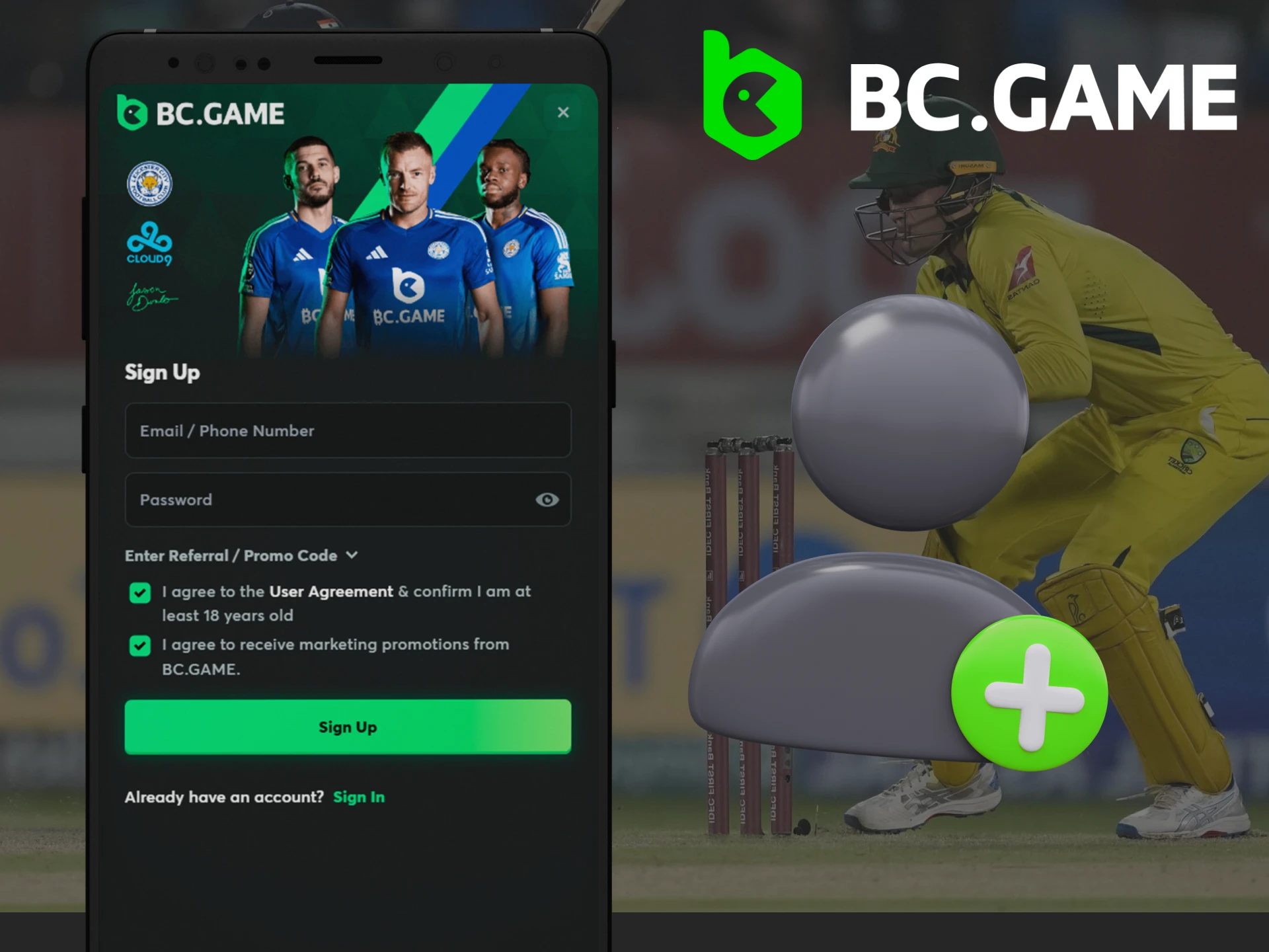 Screenshot of the BC.Game app registration page