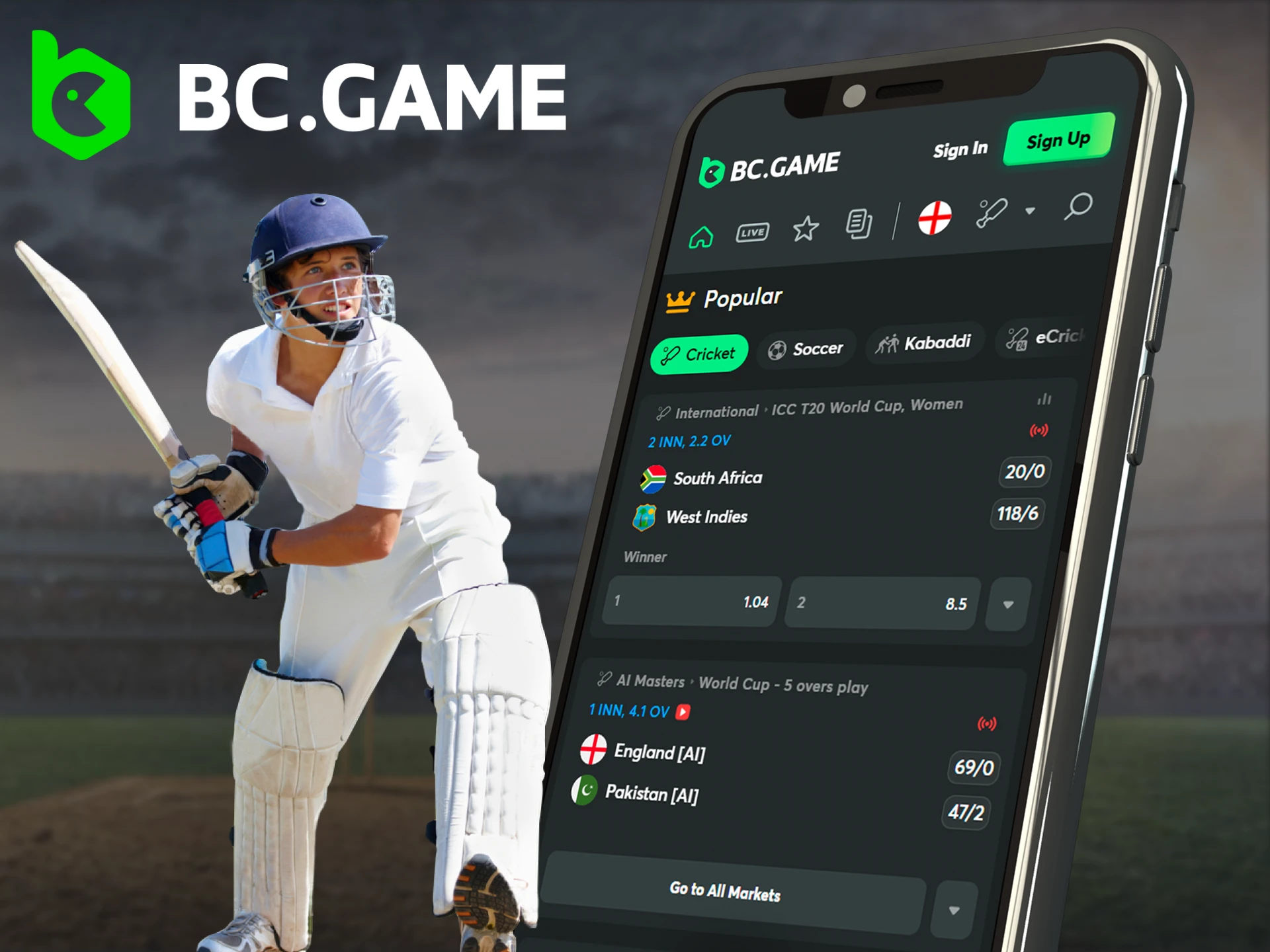 Screenshot of the BC.Game app cricket betting section