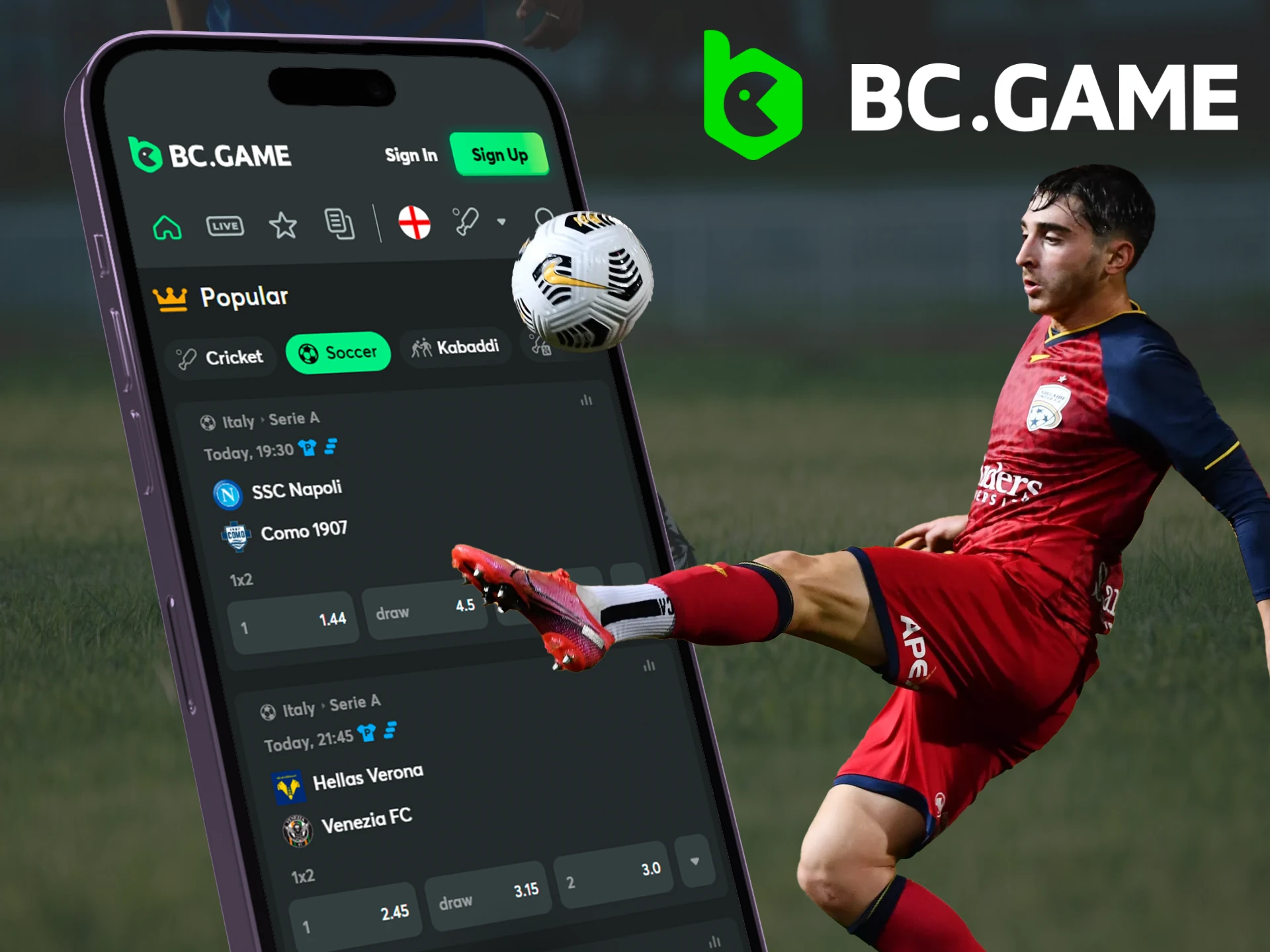 Screenshot of the BC.Game app football betting section